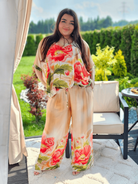 Komplet satynowy z kwiatowym nadrukiem - beż Stylowa XL