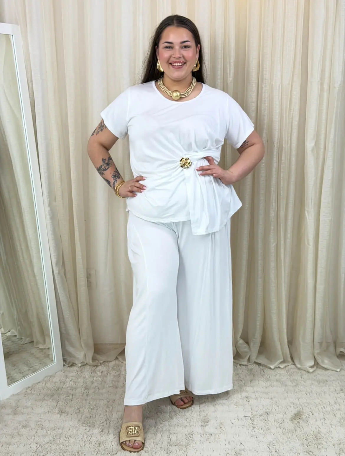 Komplet z wiązaną bluzką i szerokimi spodniami Stylowa XL