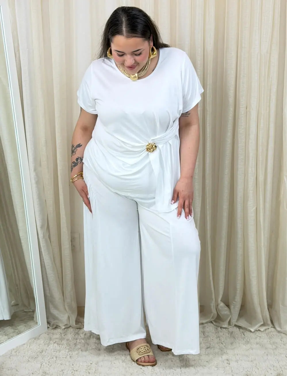 Komplet z wiązaną bluzką i szerokimi spodniami Stylowa XL