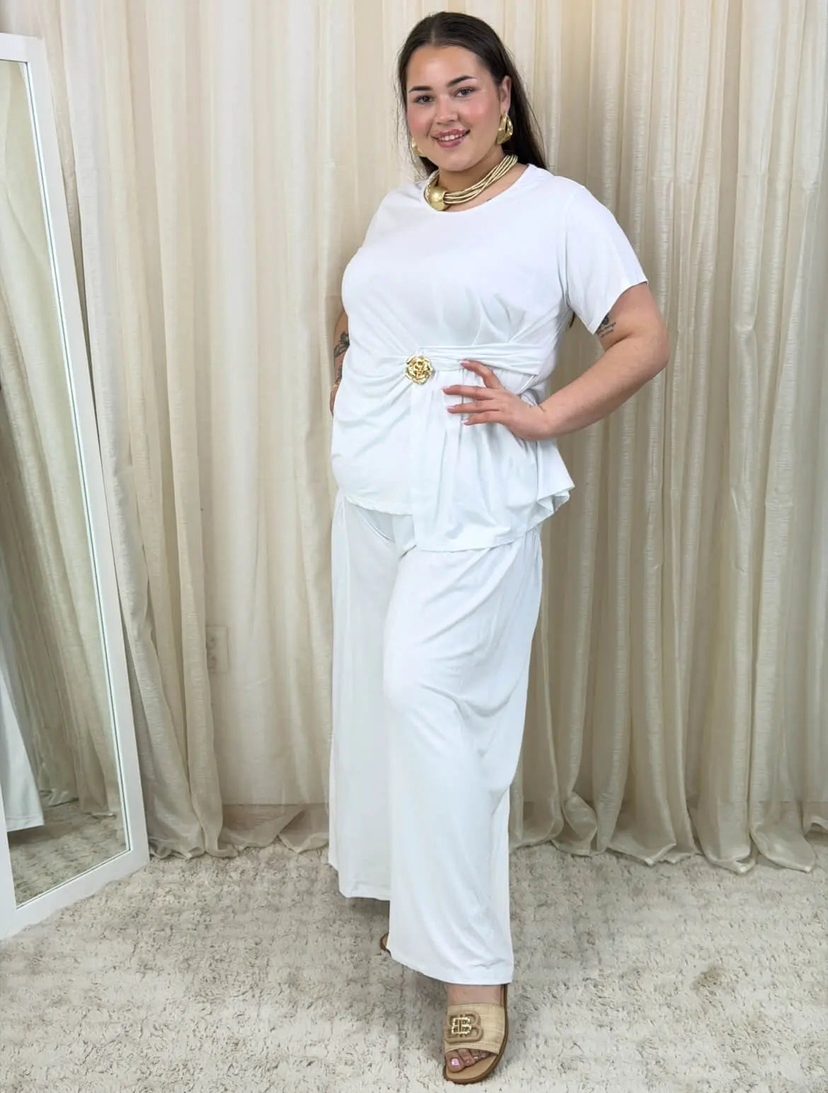 Komplet z wiązaną bluzką i szerokimi spodniami Stylowa XL