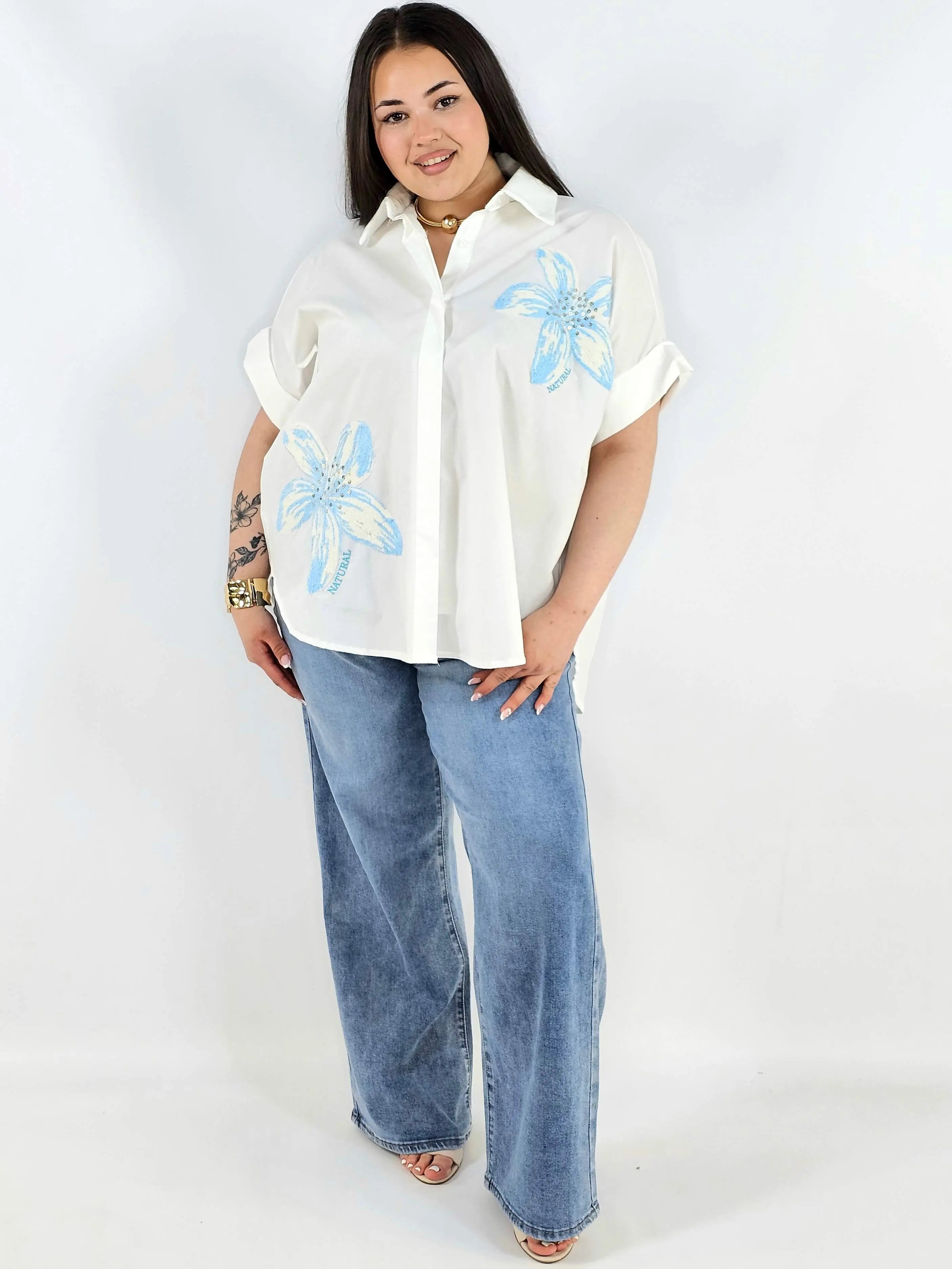 Koszula plus size Zeta Otto z kwiatową aplikacją oversize lekka i stylowa Stylowa XL
