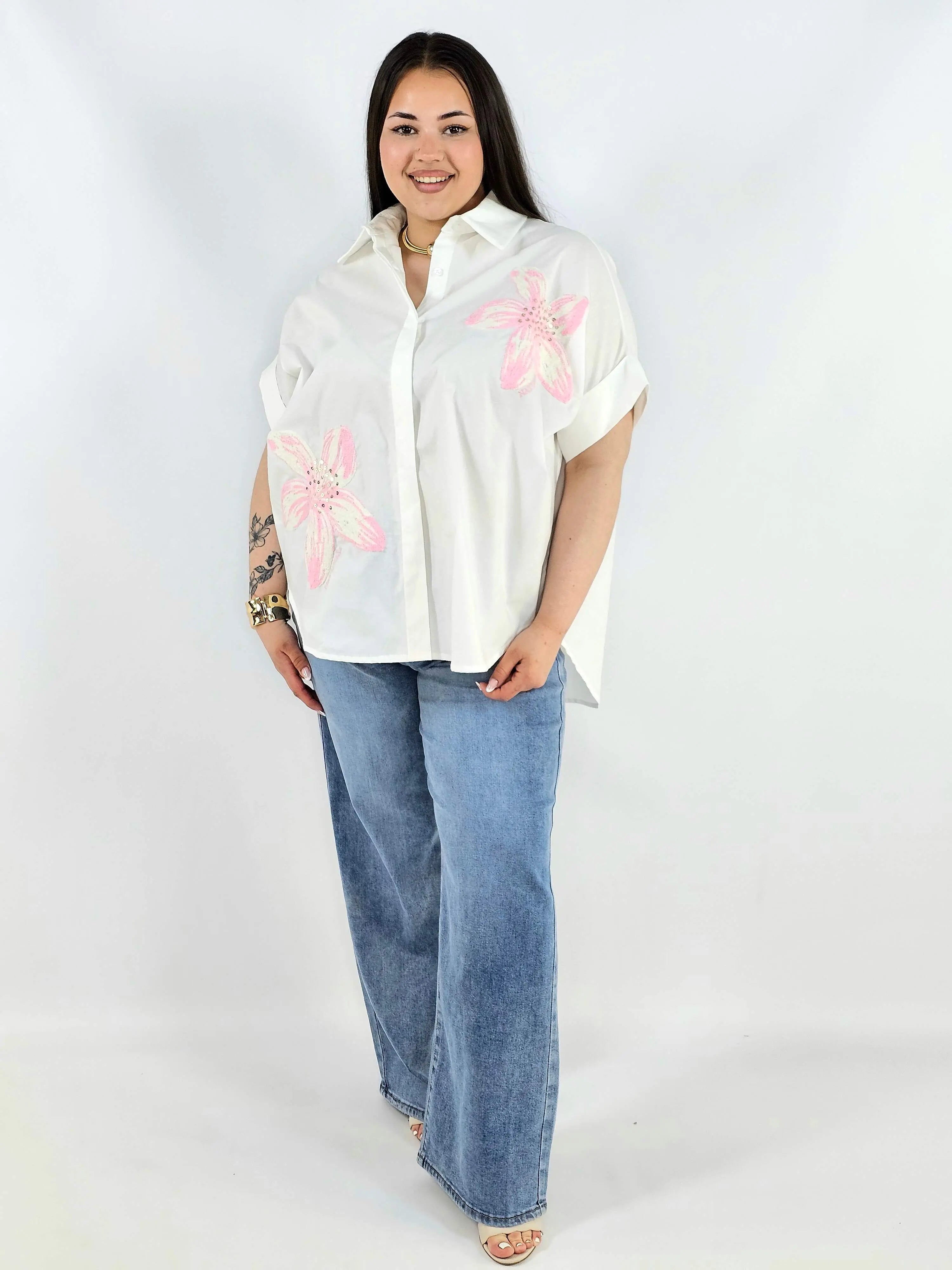 Koszula plus size Zeta Otto z kwiatową aplikacją oversize lekka i stylowa Stylowa XL