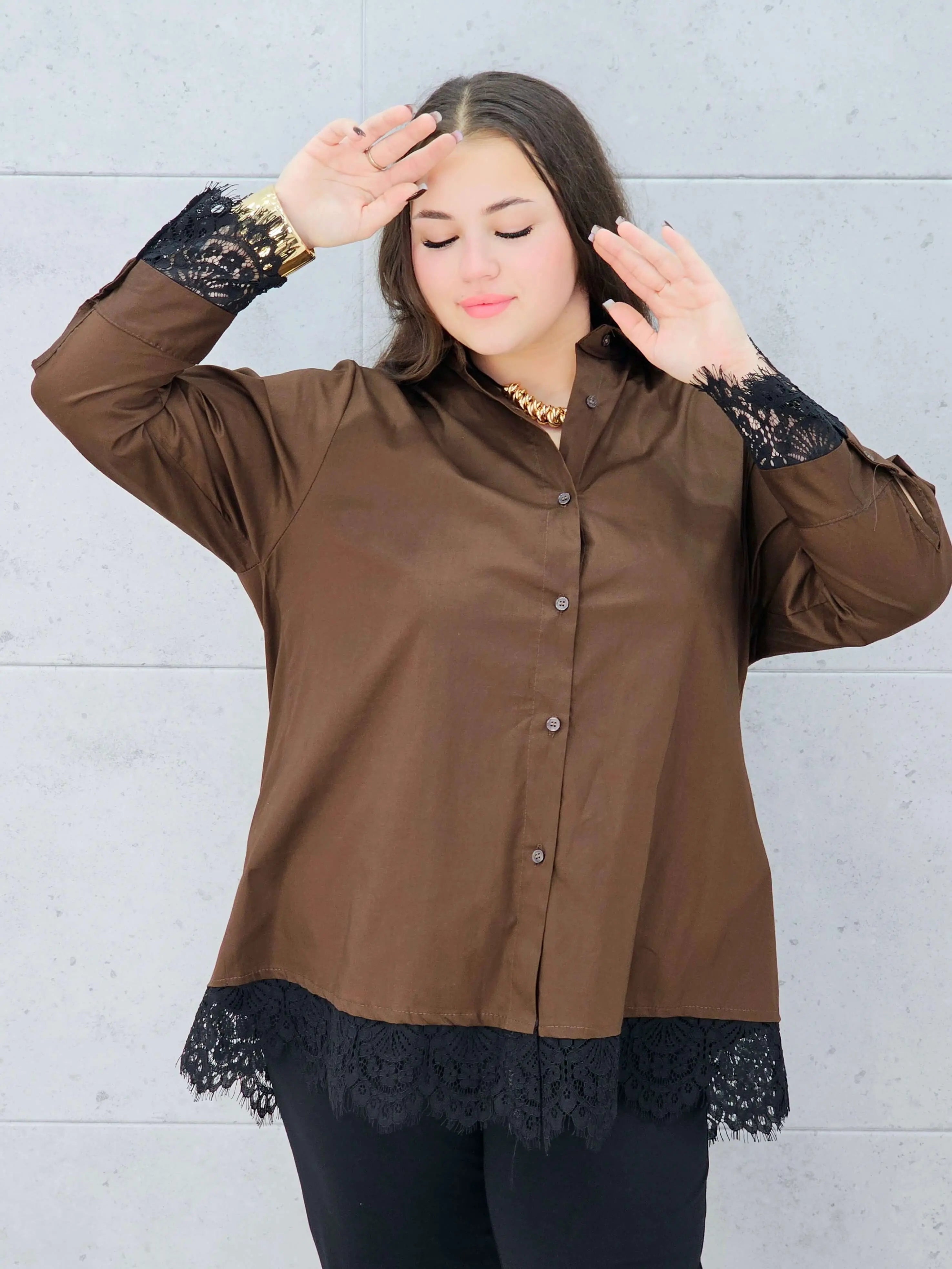 koszula z koronką brązowa plus size Stylowa XL – przód