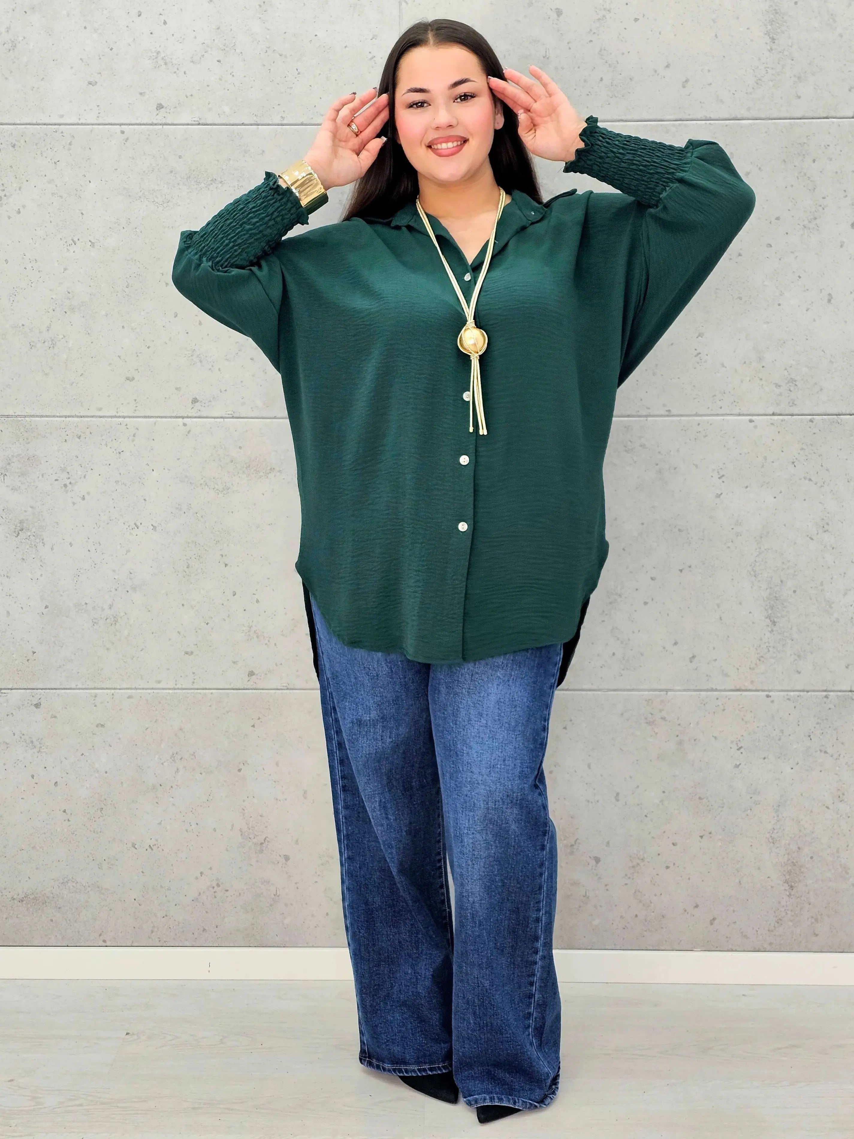 Koszulowa bluzka/tunika plus size ze ściągaczami – zielona, biała, czarna, czekoladowa, bordowa | Stylowa XL - Stylowa XL