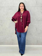 Koszulowa bluzka/tunika plus size ze ściągaczami – zielona, biała, czarna, czekoladowa, bordowa | Stylowa XL - Stylowa XL