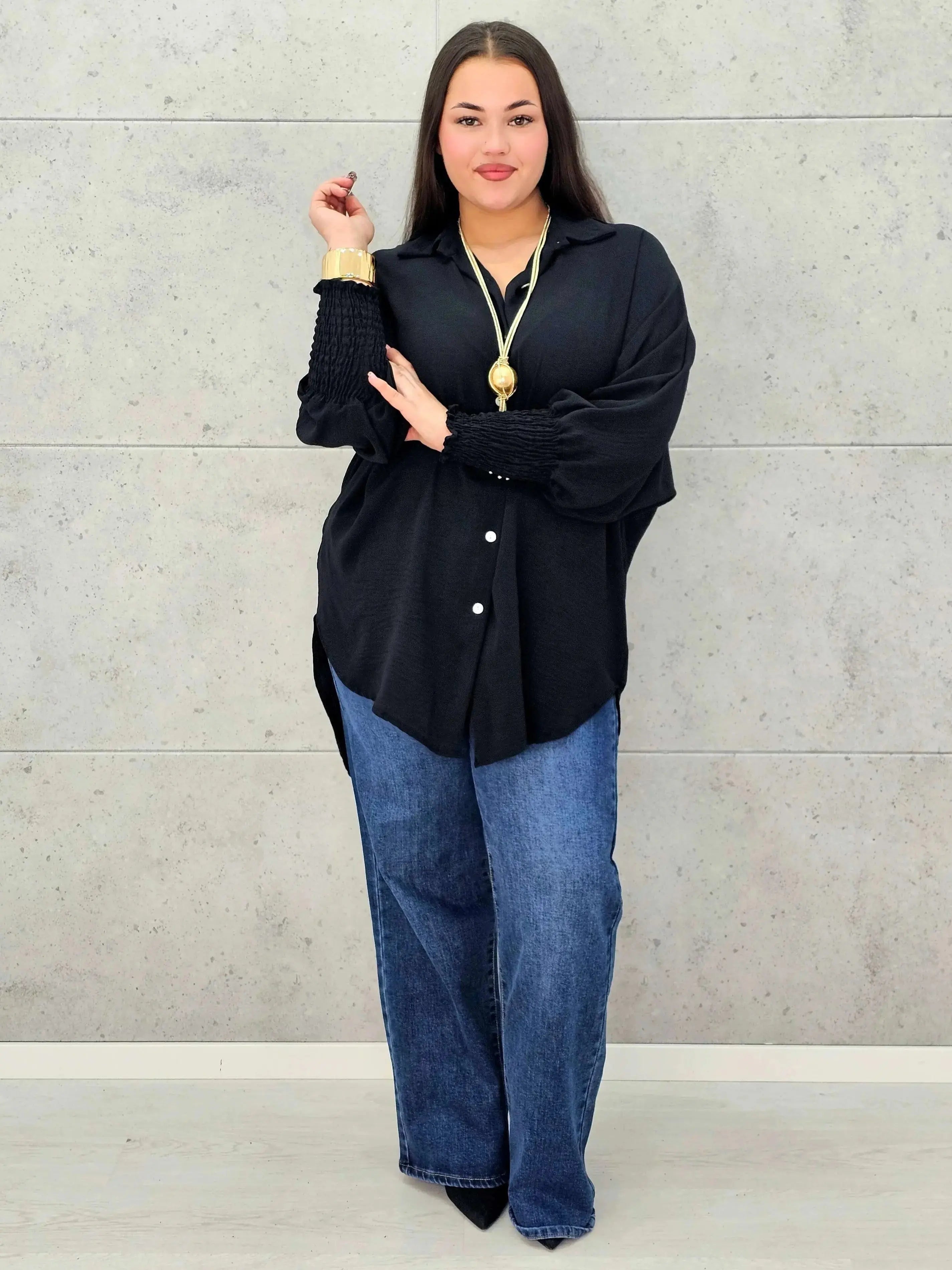 Koszulowa bluzka/tunika plus size ze ściągaczami – zielona, biała, czarna, czekoladowa, bordowa | Stylowa XL - Stylowa XL