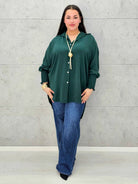 Koszulowa bluzka/tunika plus size ze ściągaczami – zielona, biała, czarna, czekoladowa, bordowa | Stylowa XL - Stylowa XL