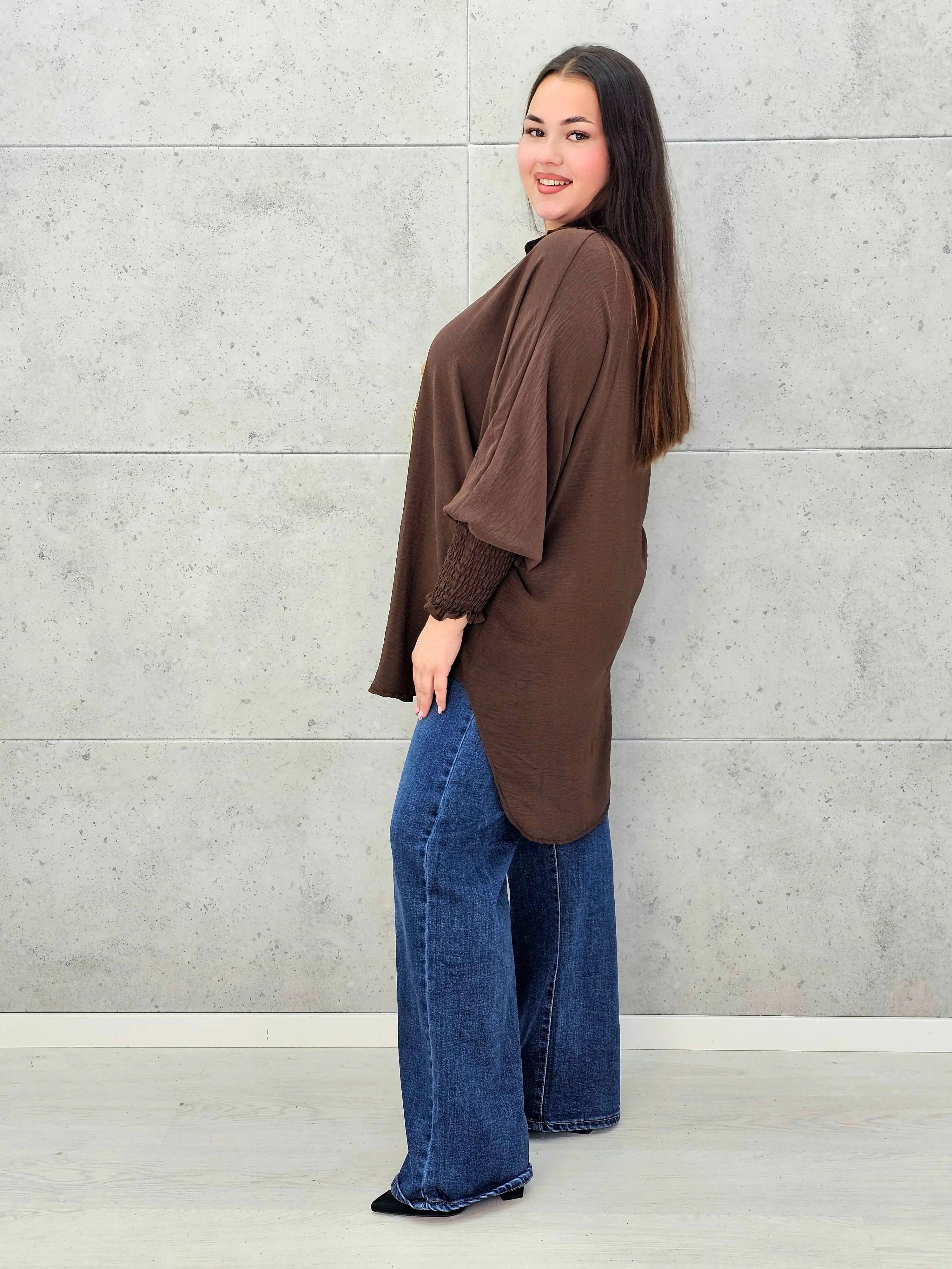 Koszulowa bluzka/tunika plus size ze ściągaczami – zielona, biała, czarna, czekoladowa, bordowa | Stylowa XL - Stylowa XL