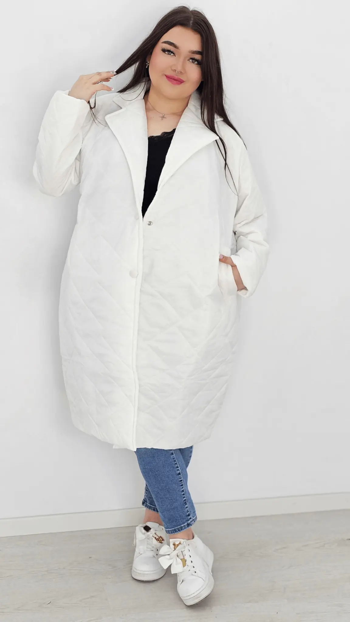 Kurtka pikowana przejściowa bez kaptura - biała Stylowa XL