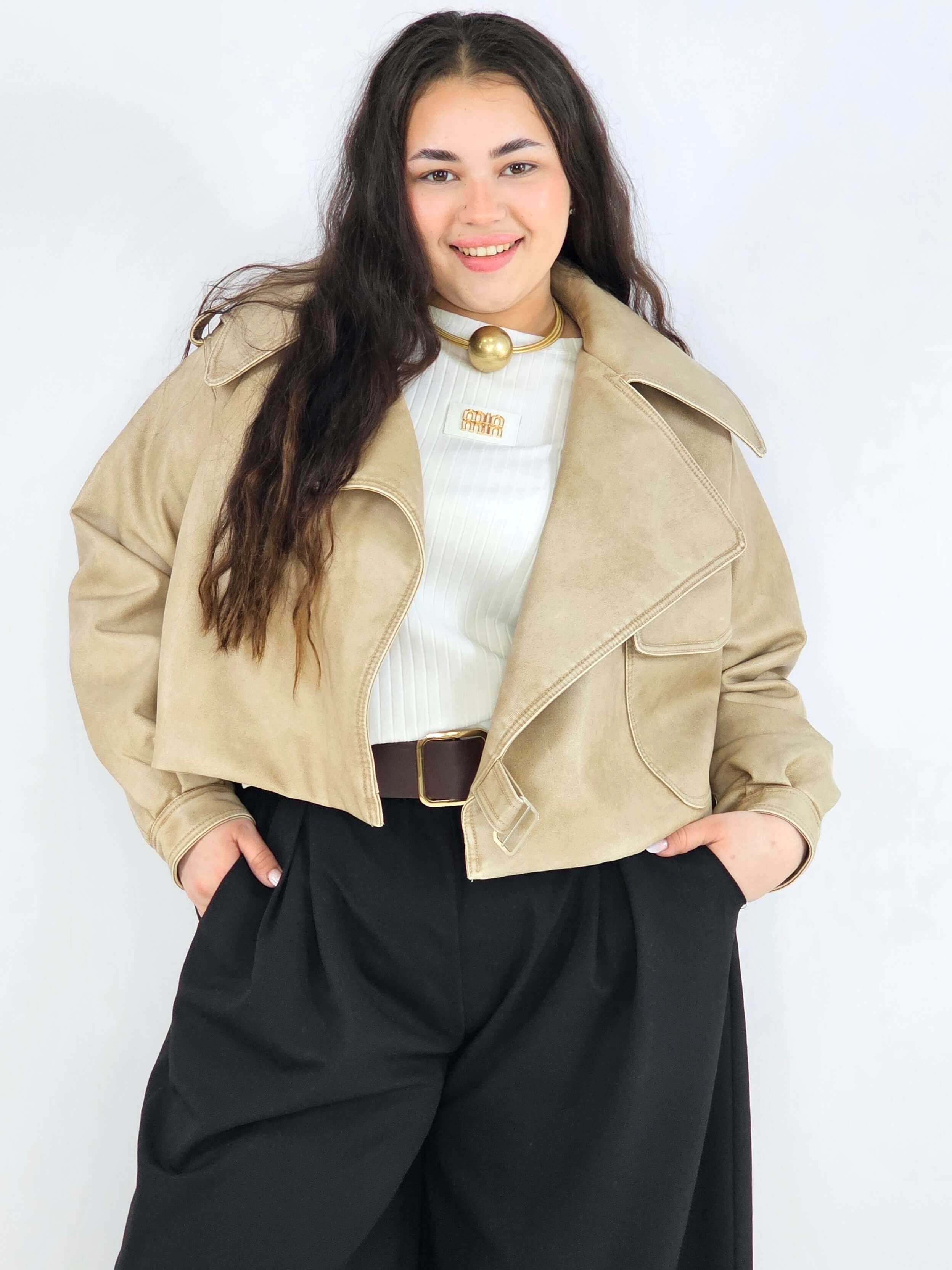 Kurtka plus size beżowa ramoneska – krótka kurtka XXL Stylowa XL