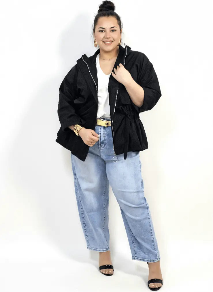 Kurtka plus size z kołnierzem, zamkiem i troczkami w talii Stylowa XL