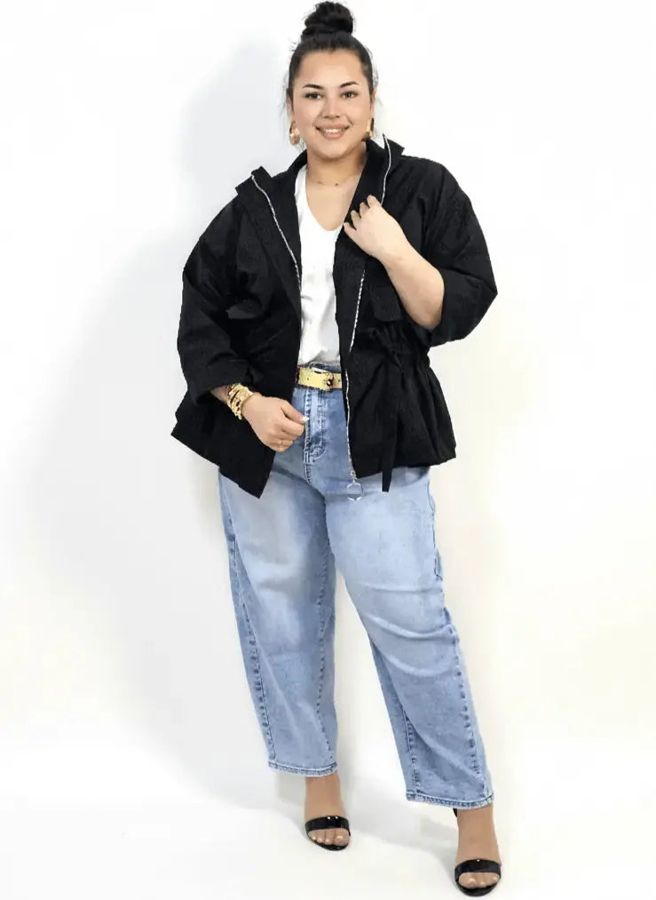 Kurtka plus size z kołnierzem, zamkiem i troczkami w talii Stylowa XL