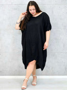 Lniana sukienka oversize midi z dekoltem V i kieszeniami Stylowa XL