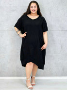 Lniana sukienka oversize midi z dekoltem V i kieszeniami Stylowa XL