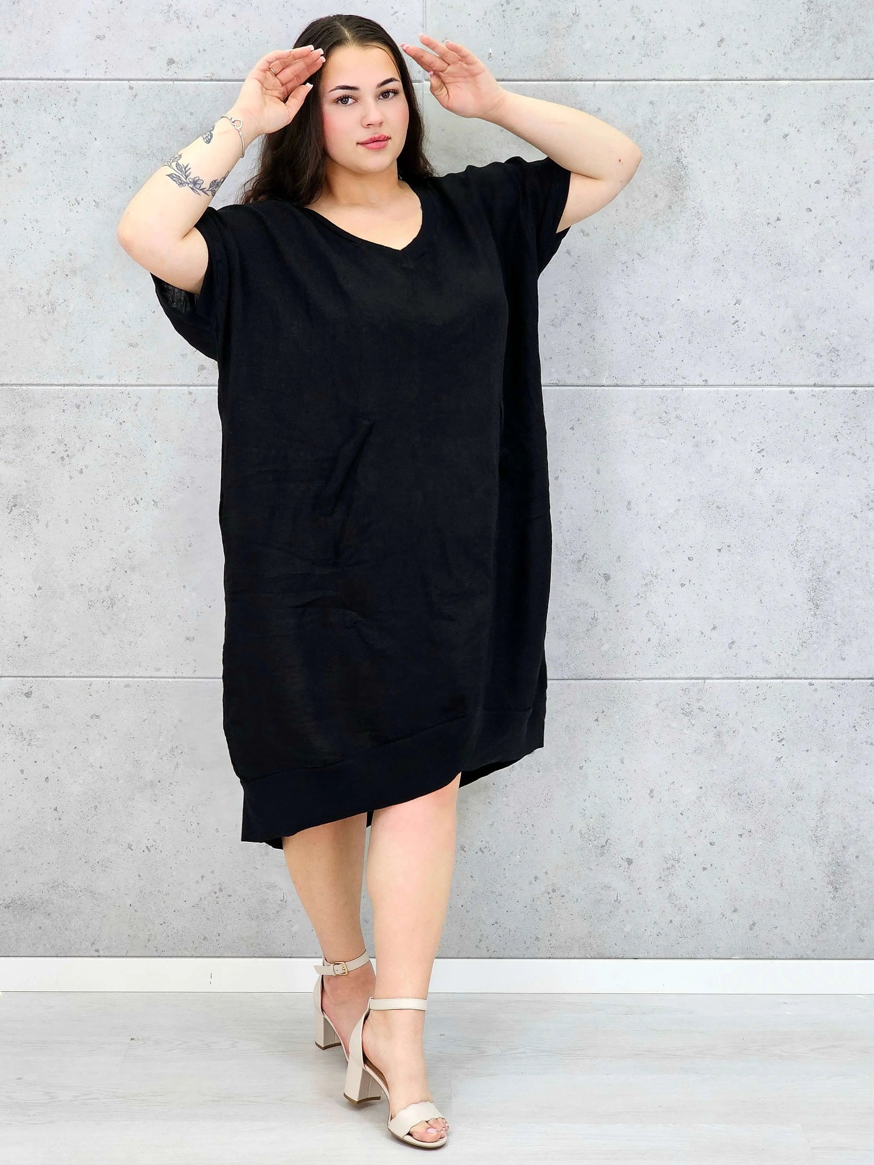 Lniana sukienka oversize midi z dekoltem V i kieszeniami Stylowa XL