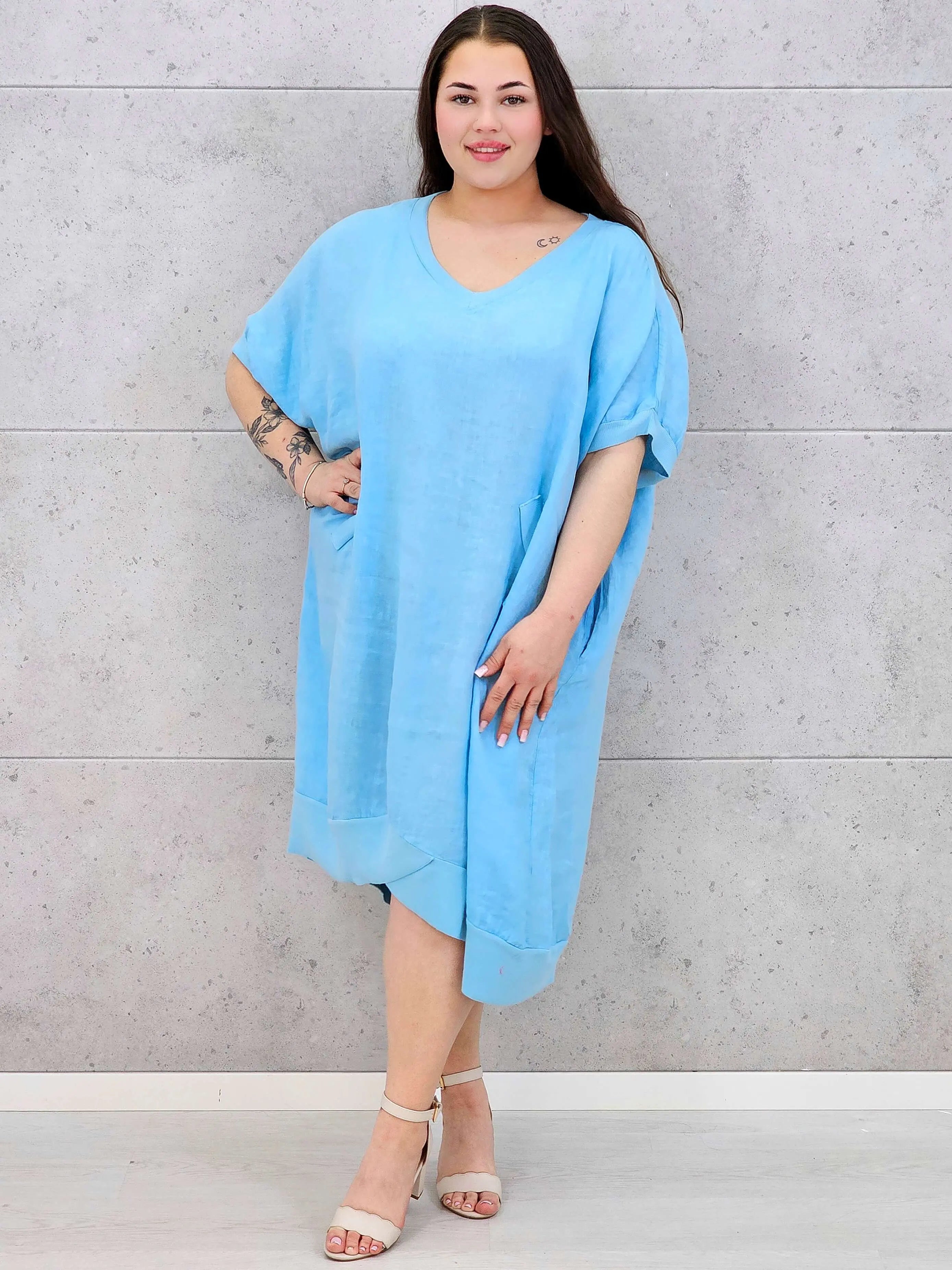 Lniana sukienka oversize midi z dekoltem V i kieszeniami Stylowa XL