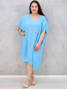 Lniana sukienka oversize midi z dekoltem V i kieszeniami Stylowa XL