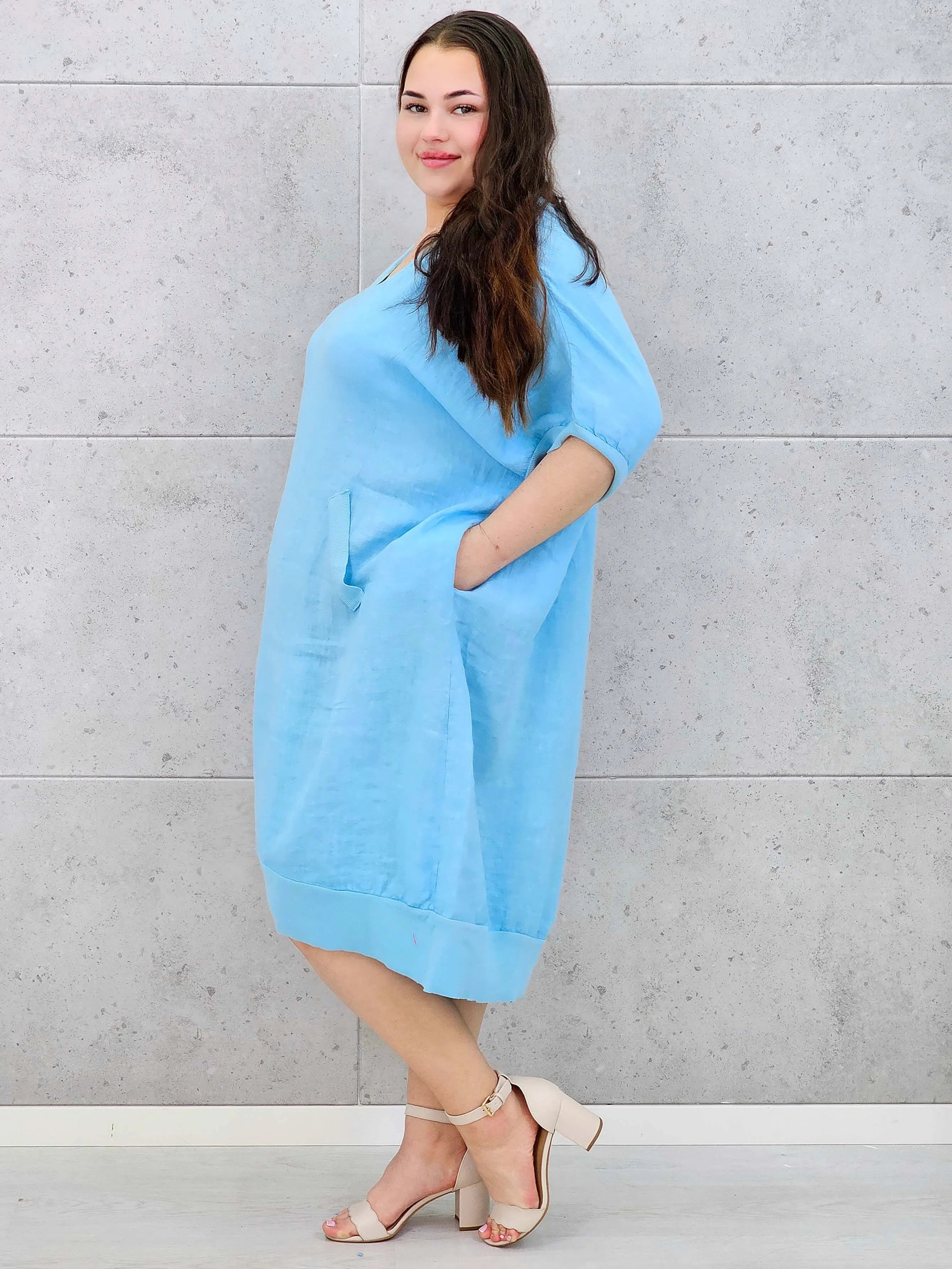 Lniana sukienka oversize midi z dekoltem V i kieszeniami Stylowa XL