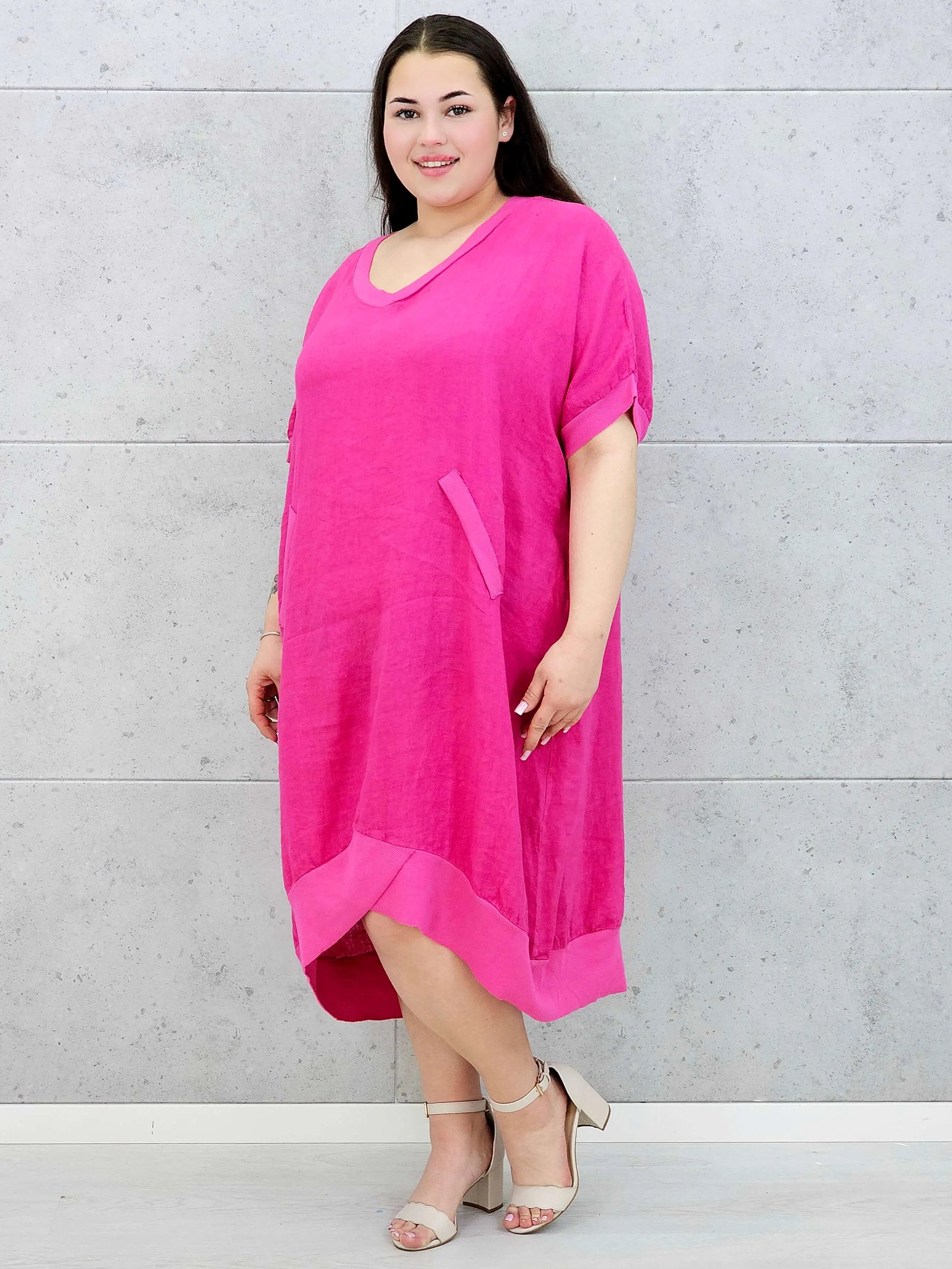 Lniana sukienka oversize midi z dekoltem V i kieszeniami Stylowa XL