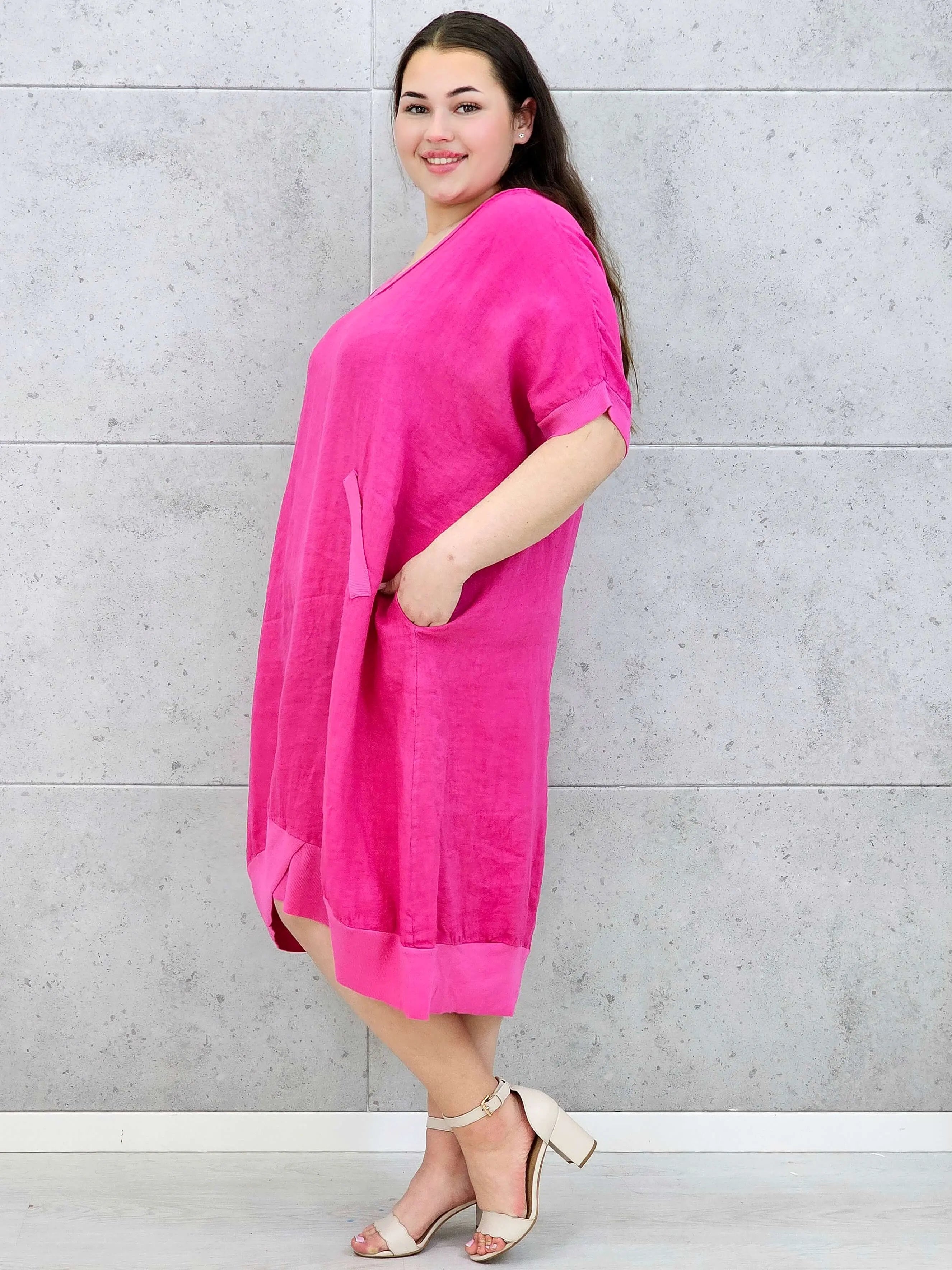 Lniana sukienka oversize midi z dekoltem V i kieszeniami Stylowa XL