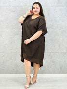 Lniana sukienka oversize midi z dekoltem V i kieszeniami Stylowa XL