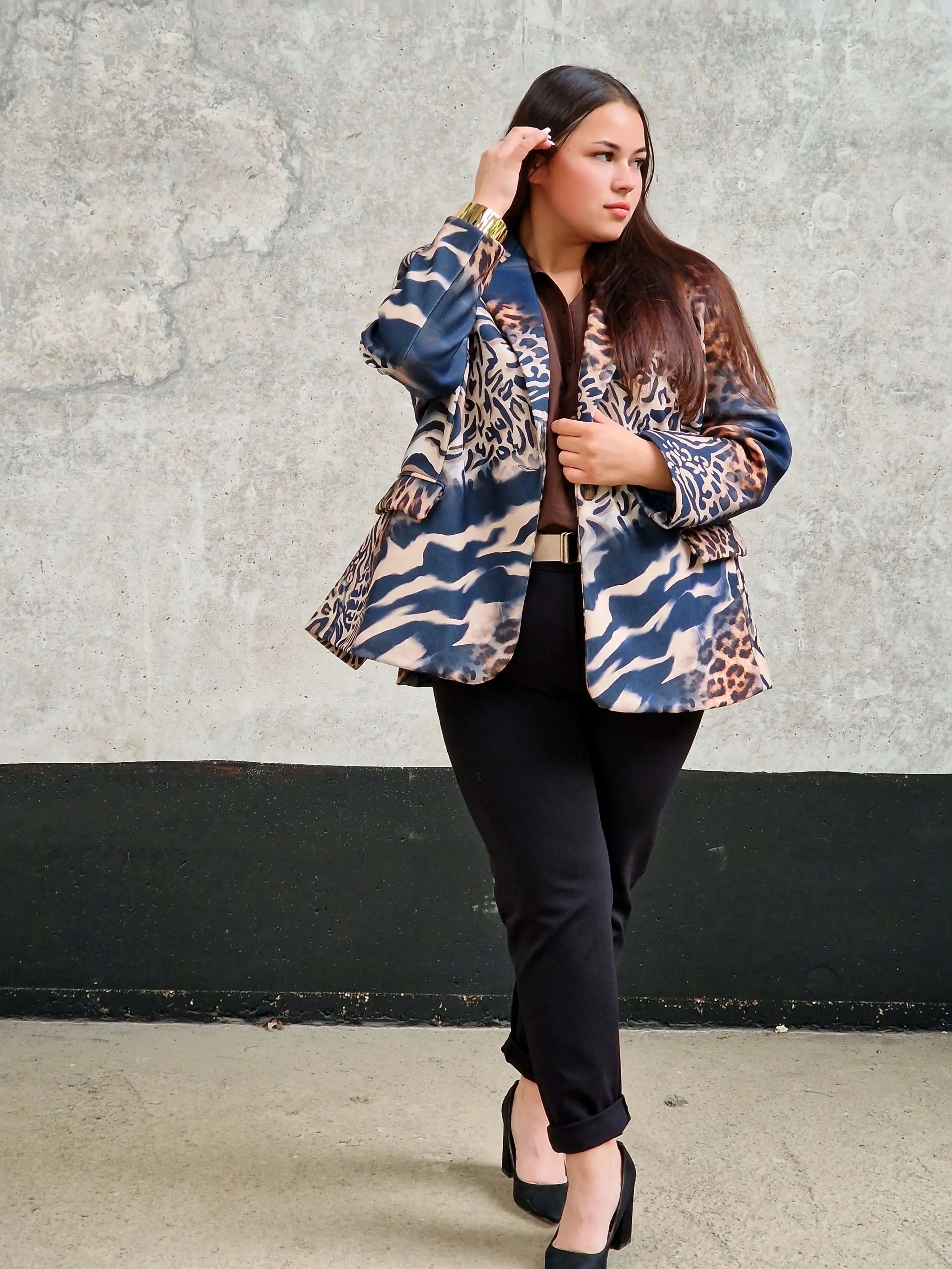 Marynarka damska w mieszany wzór zwierzęcy – unikalny design -GRANAT Stylowa XL