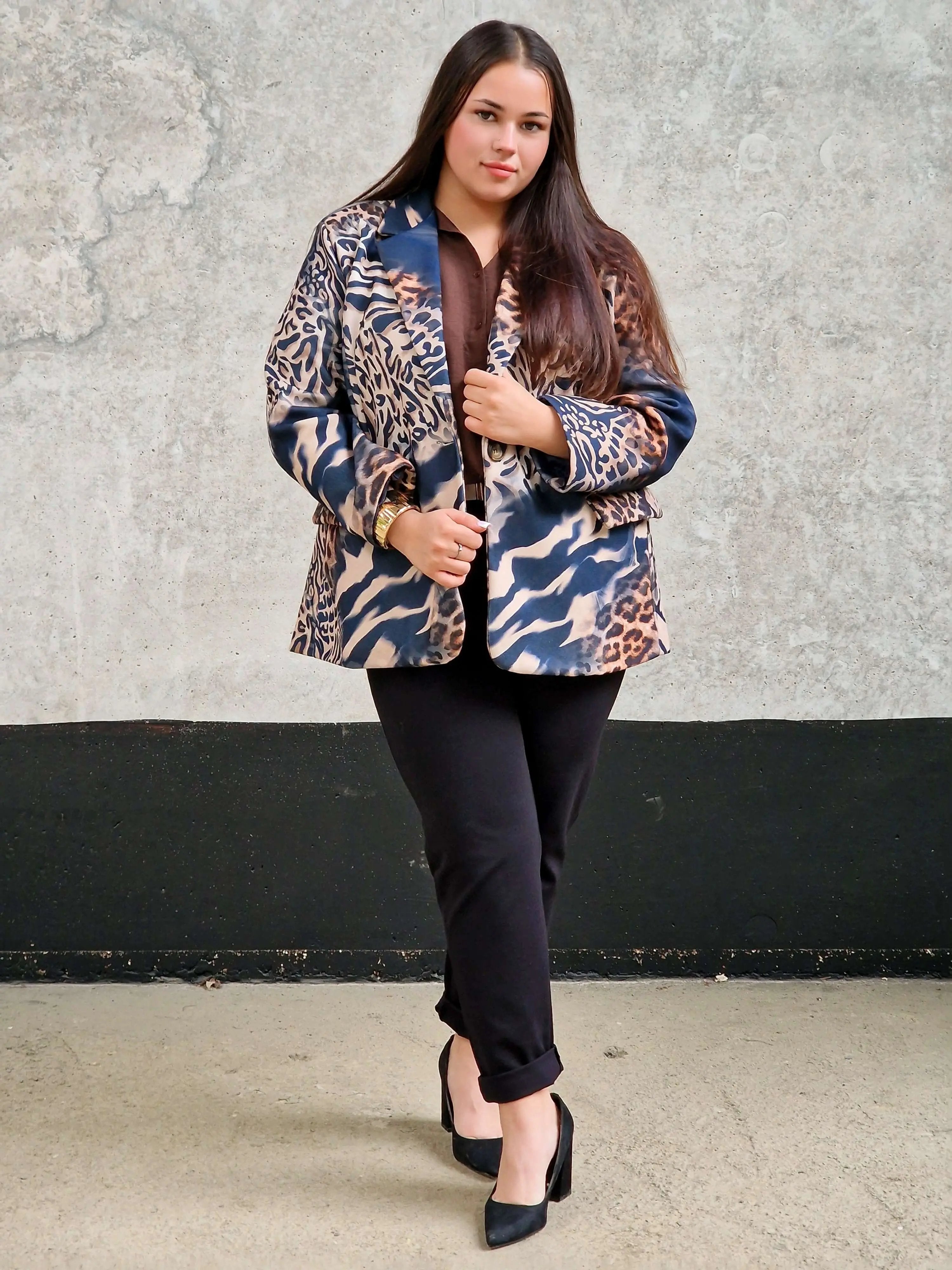 Marynarka damska w mieszany wzór zwierzęcy – unikalny design -GRANAT Stylowa XL