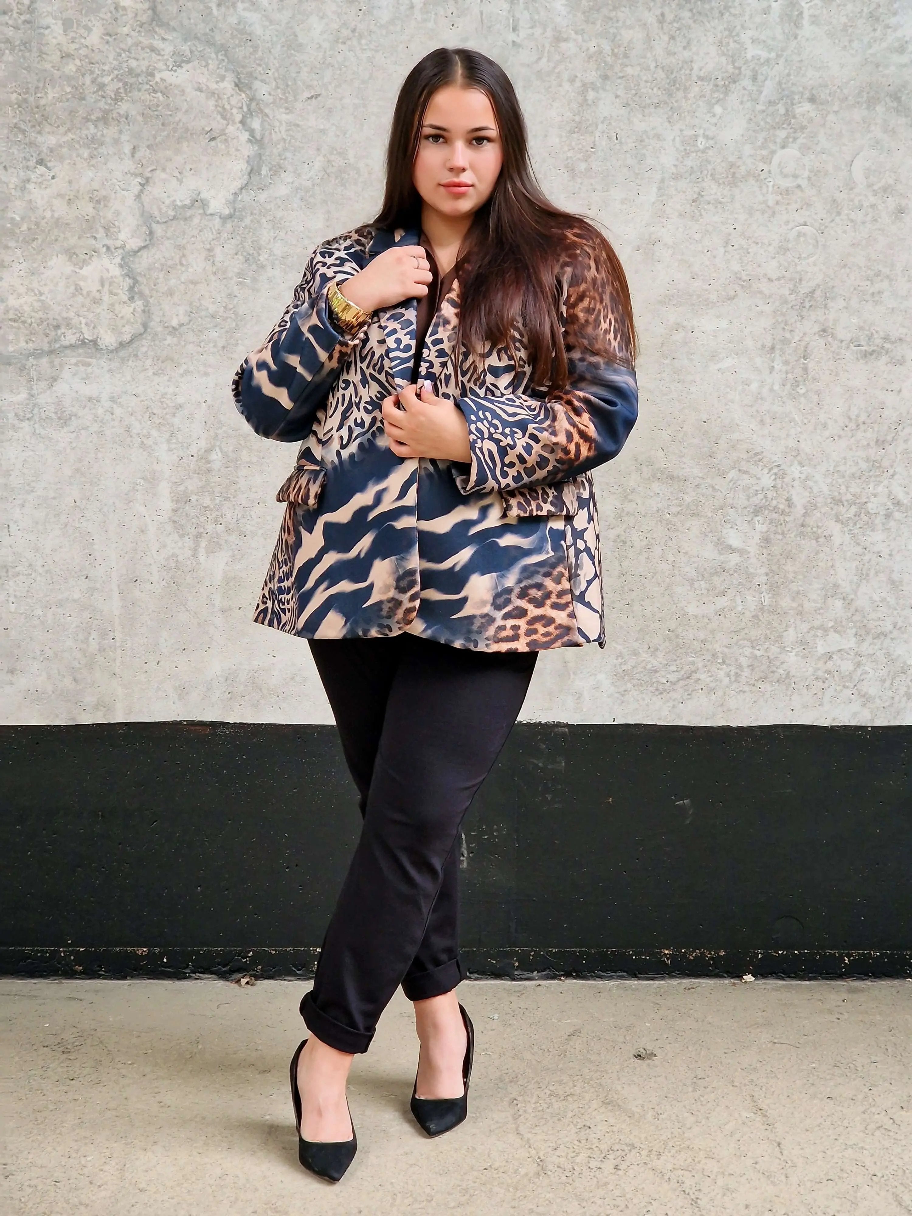 Marynarka damska w mieszany wzór zwierzęcy – unikalny design -GRANAT Stylowa XL