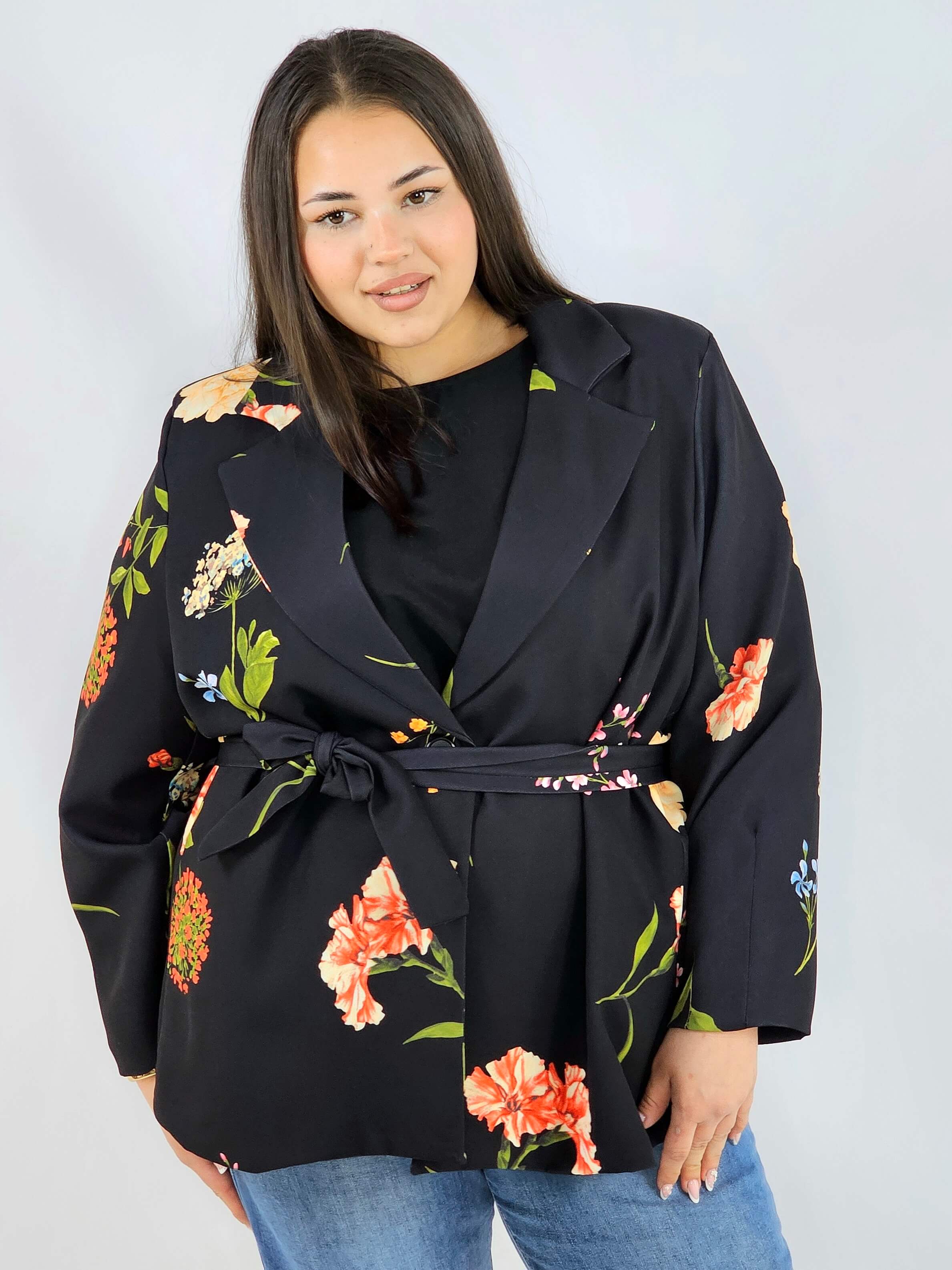 Marynarka plus size w kwiaty wiązana w talii elegancka XXL Stylowa XL