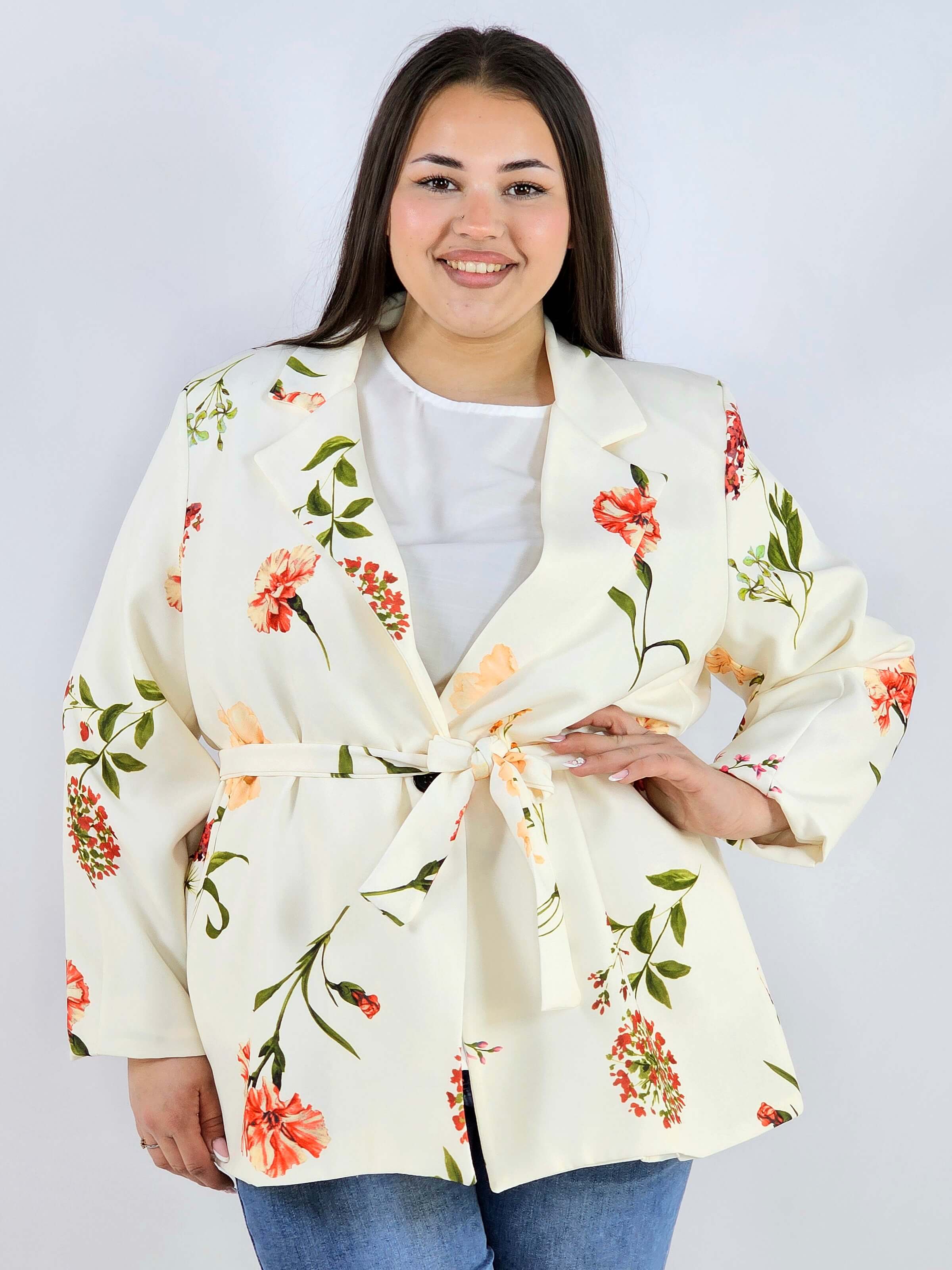 Marynarka plus size w kwiaty wiązana w talii elegancka XXL Stylowa XL