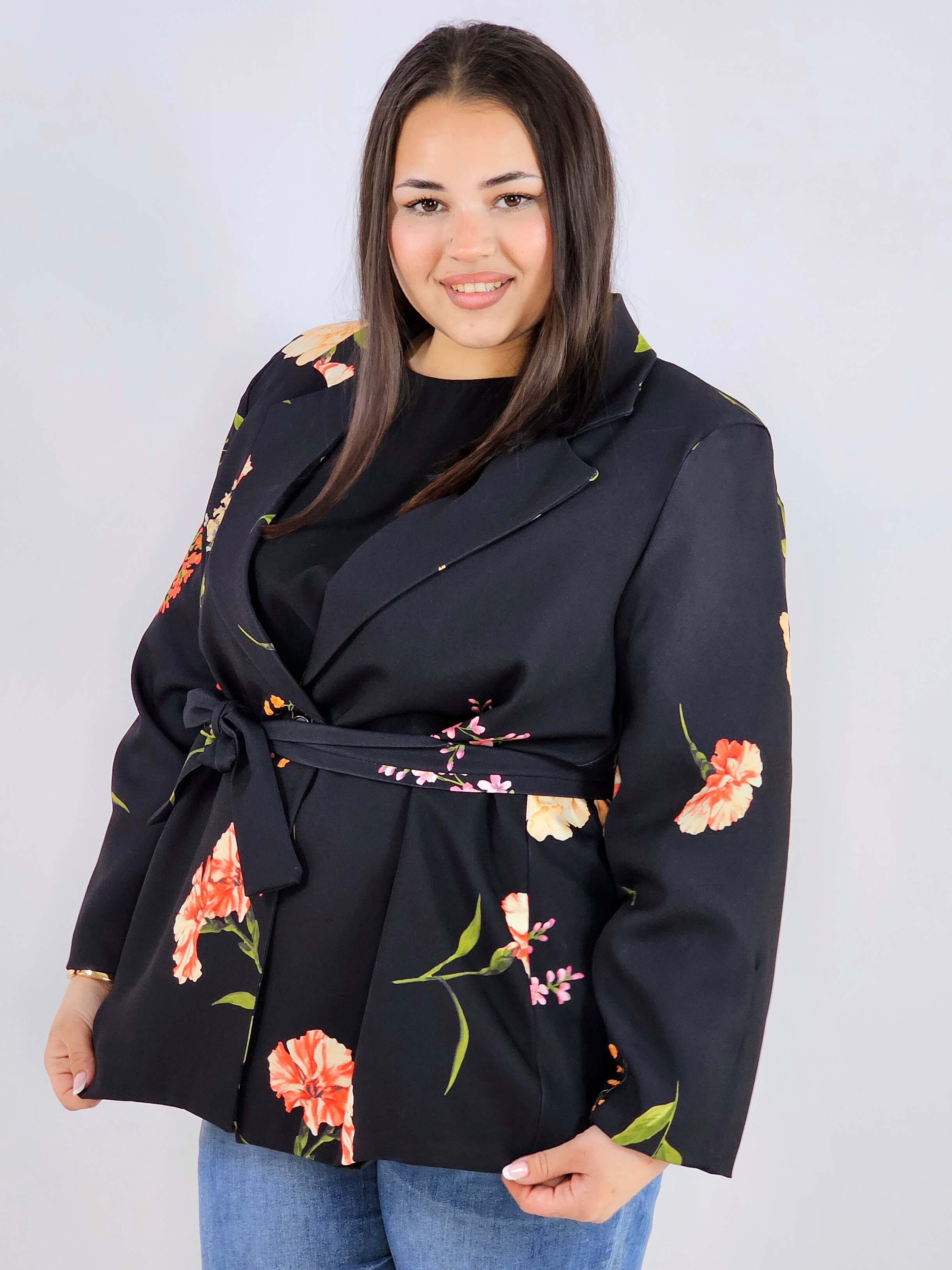 Marynarka plus size w kwiaty wiązana w talii elegancka XXL Stylowa XL