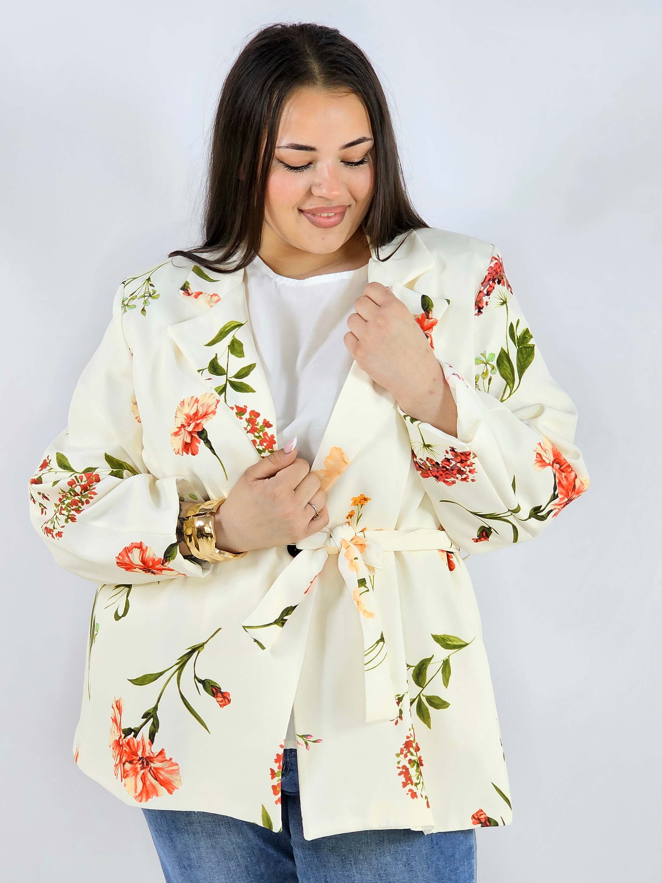 Marynarka plus size w kwiaty wiązana w talii elegancka XXL Stylowa XL