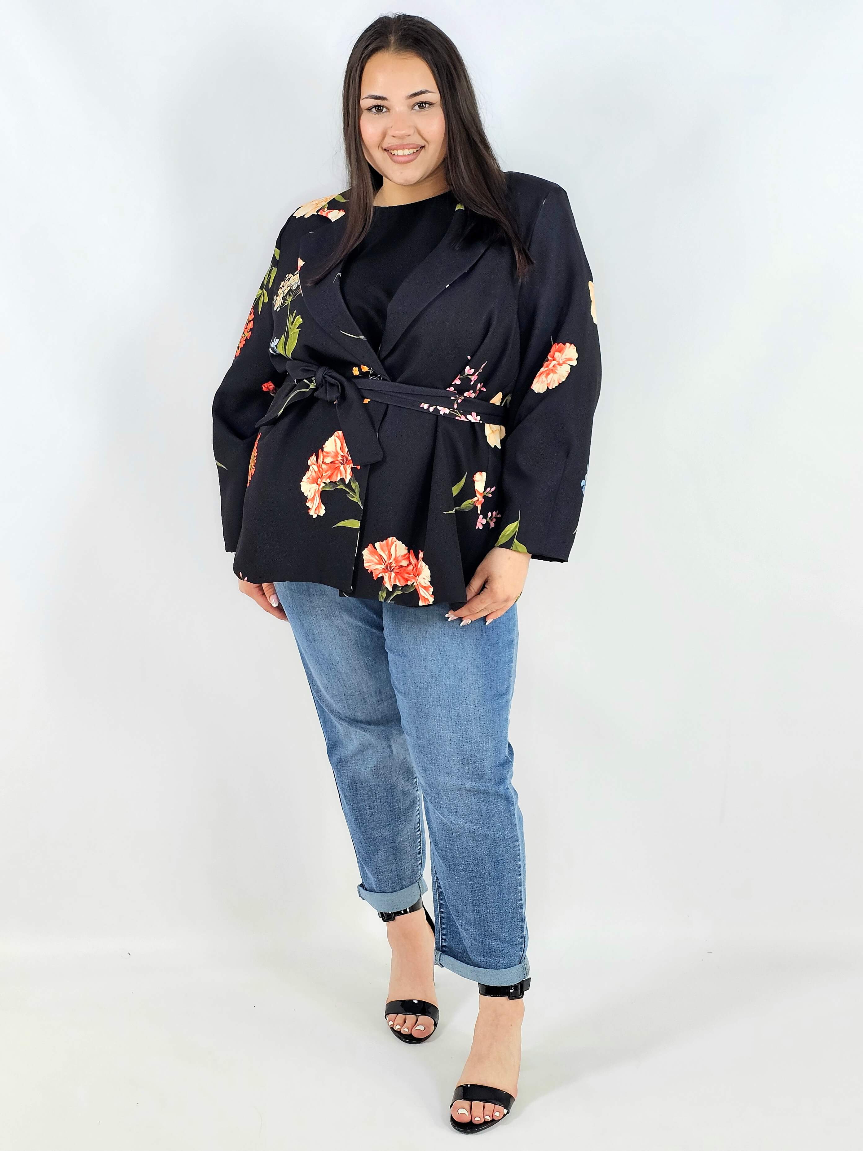 Marynarka plus size w kwiaty wiązana w talii elegancka XXL Stylowa XL