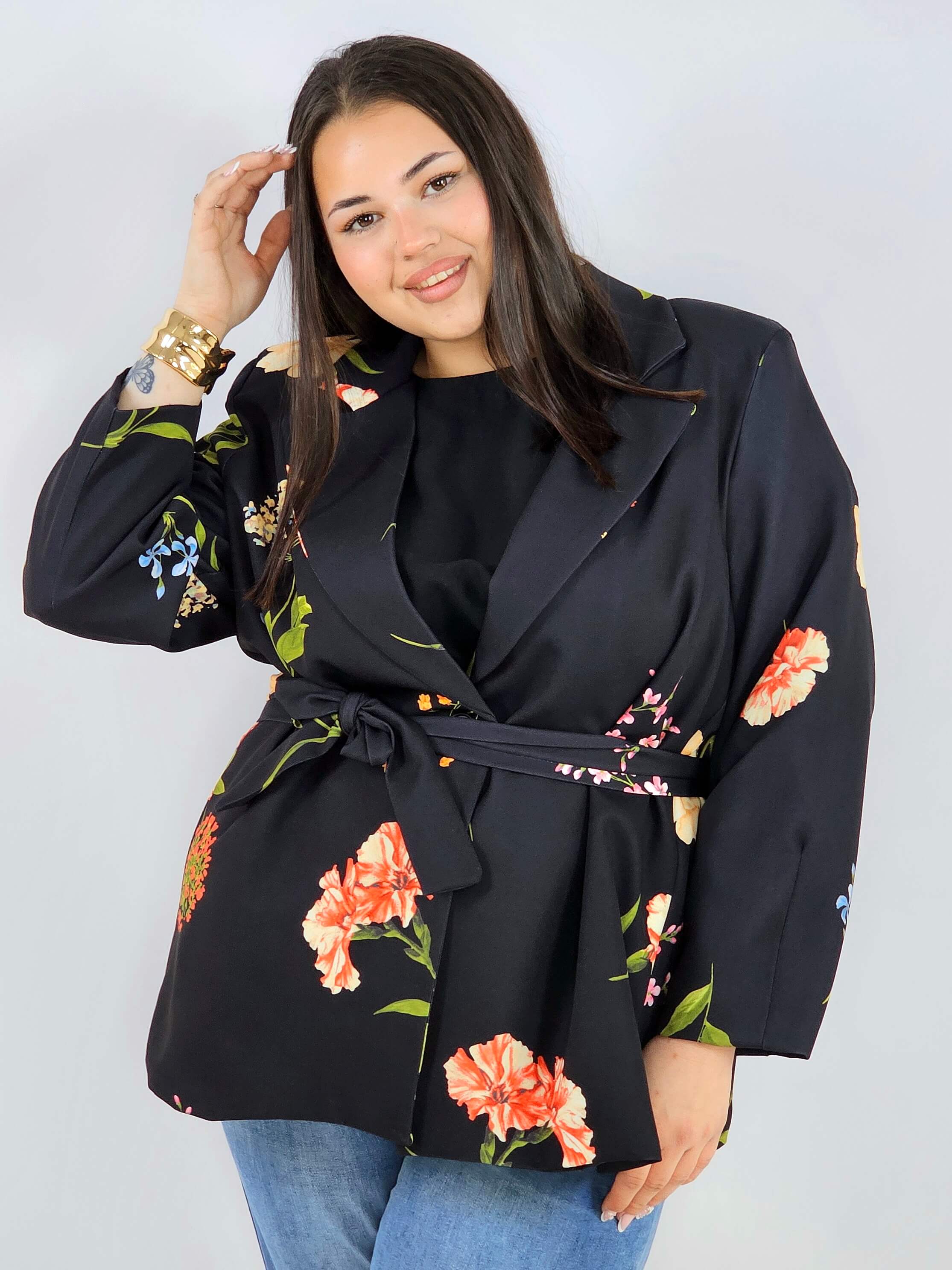 Marynarka plus size w kwiaty wiązana w talii elegancka XXL Stylowa XL