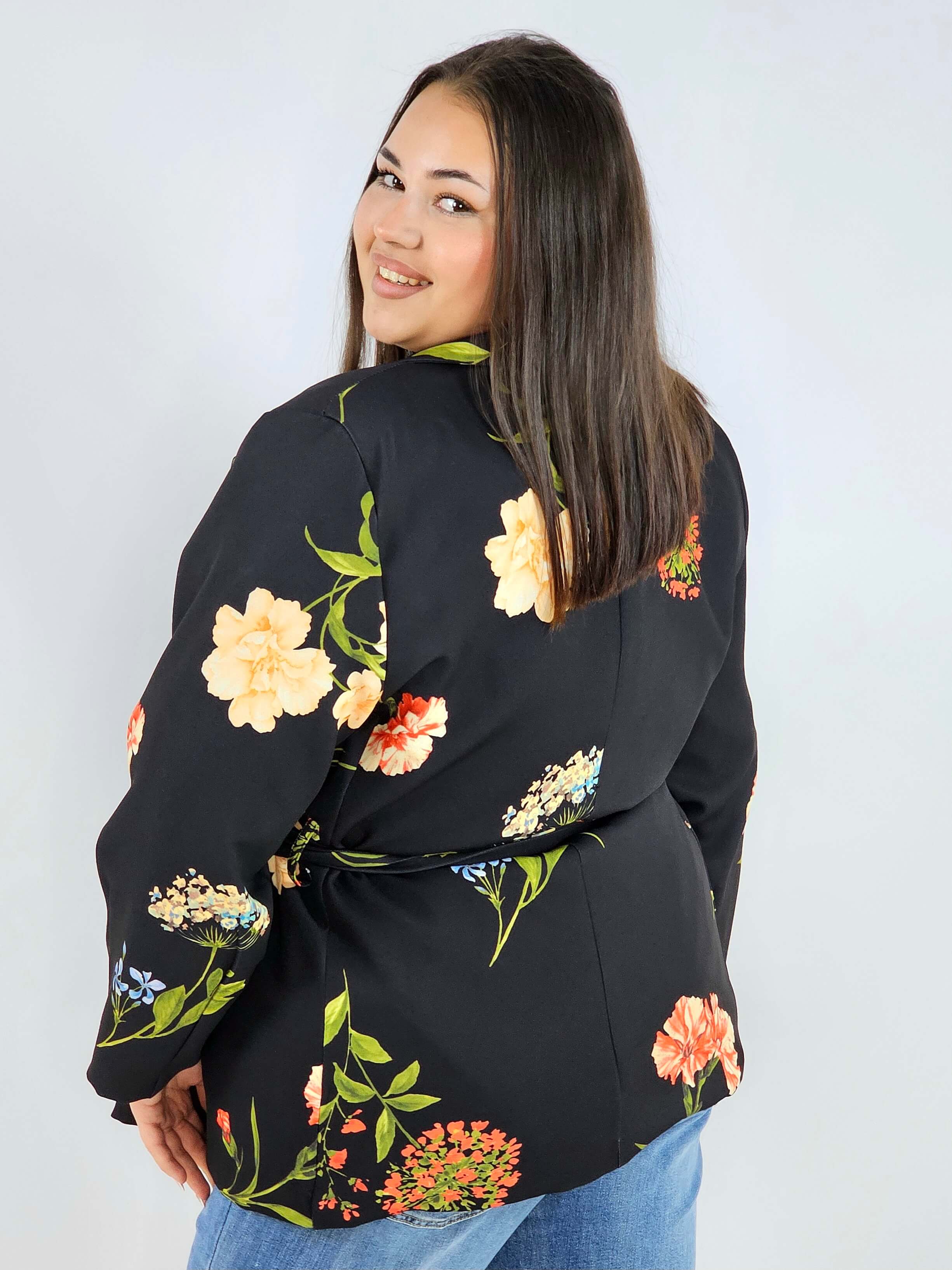 Marynarka plus size w kwiaty wiązana w talii elegancka XXL Stylowa XL