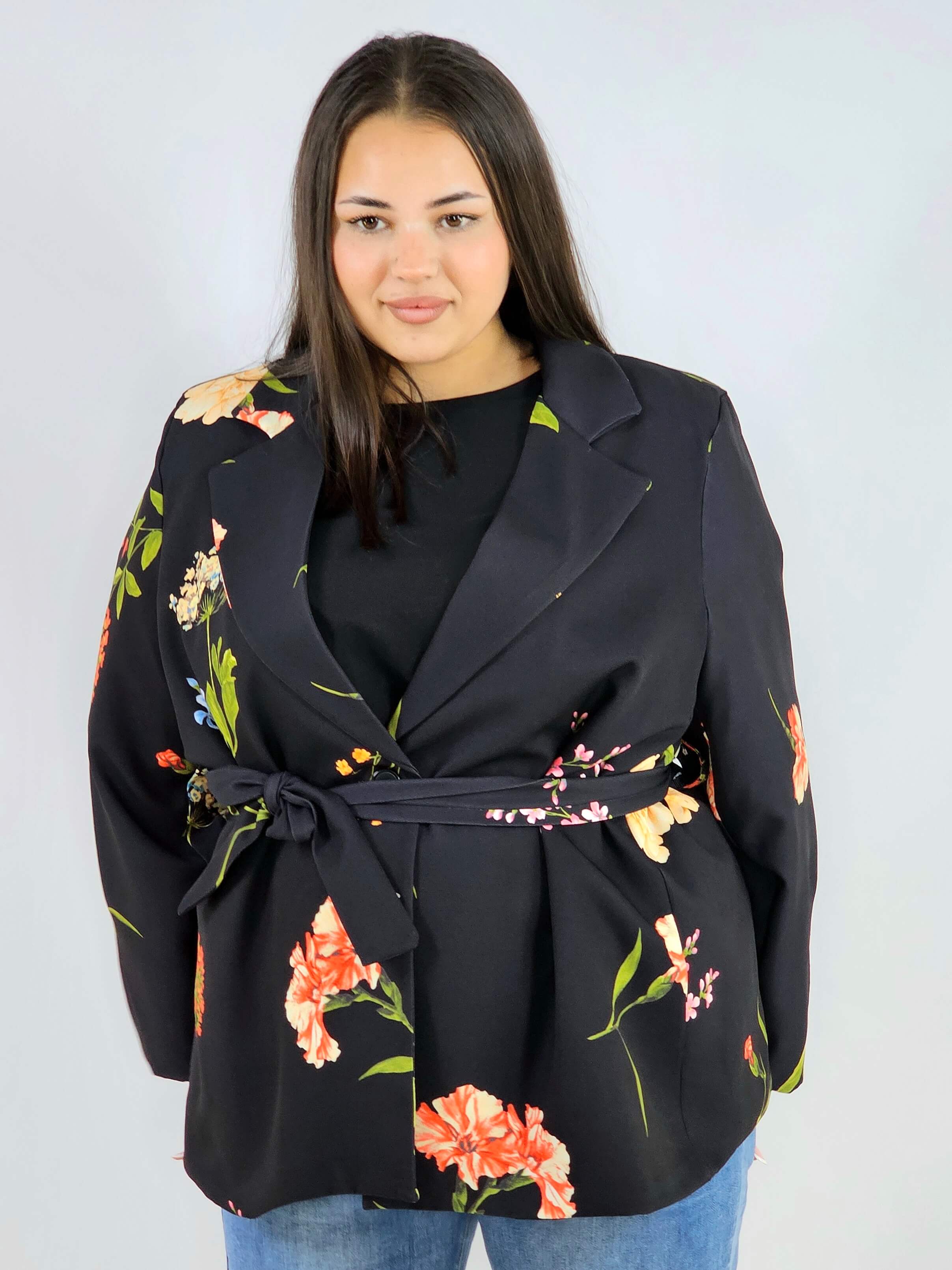 Marynarka plus size w kwiaty wiązana w talii elegancka XXL Stylowa XL