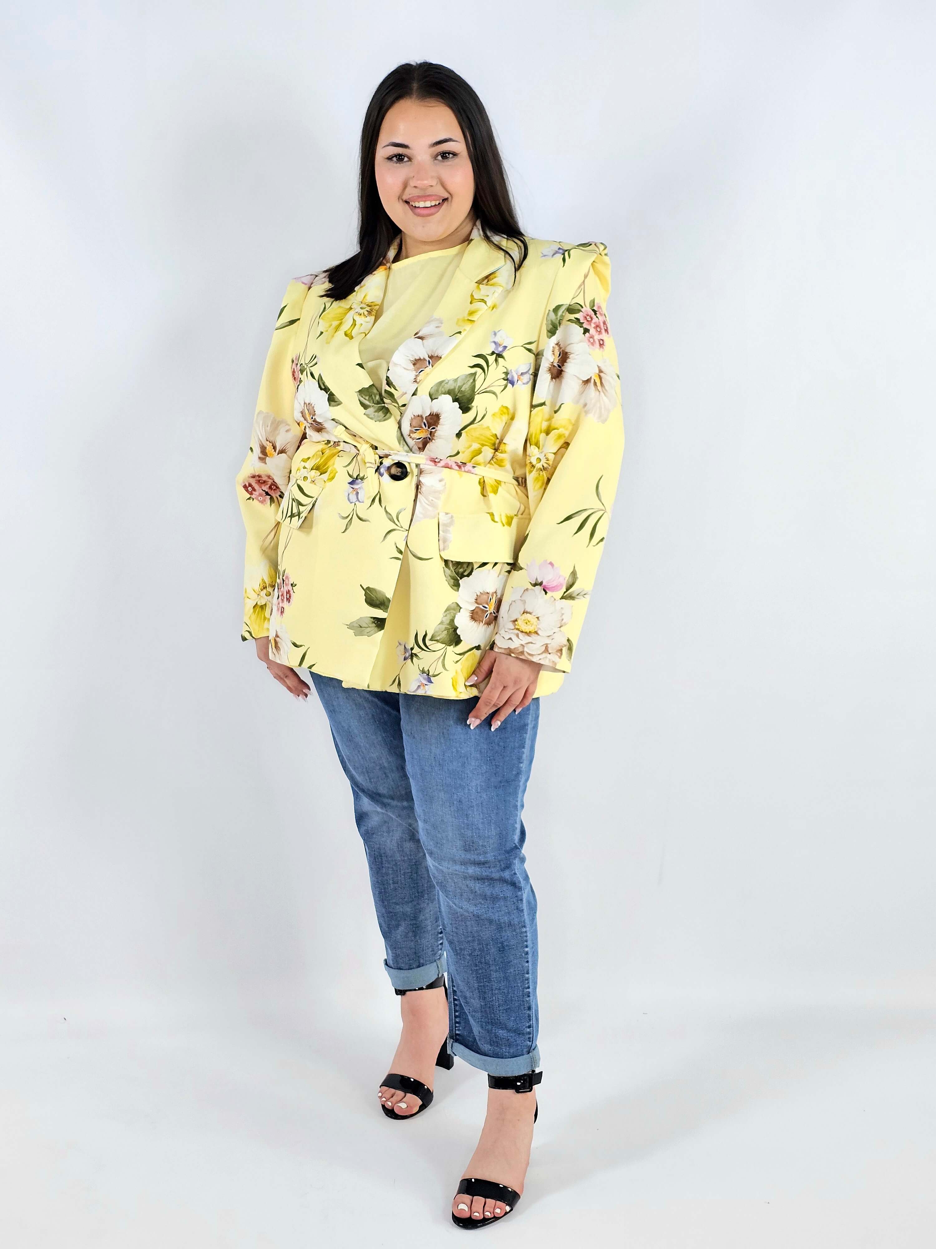 Marynarka plus size w kwiaty wiązana w talii elegancka XXL Stylowa XL