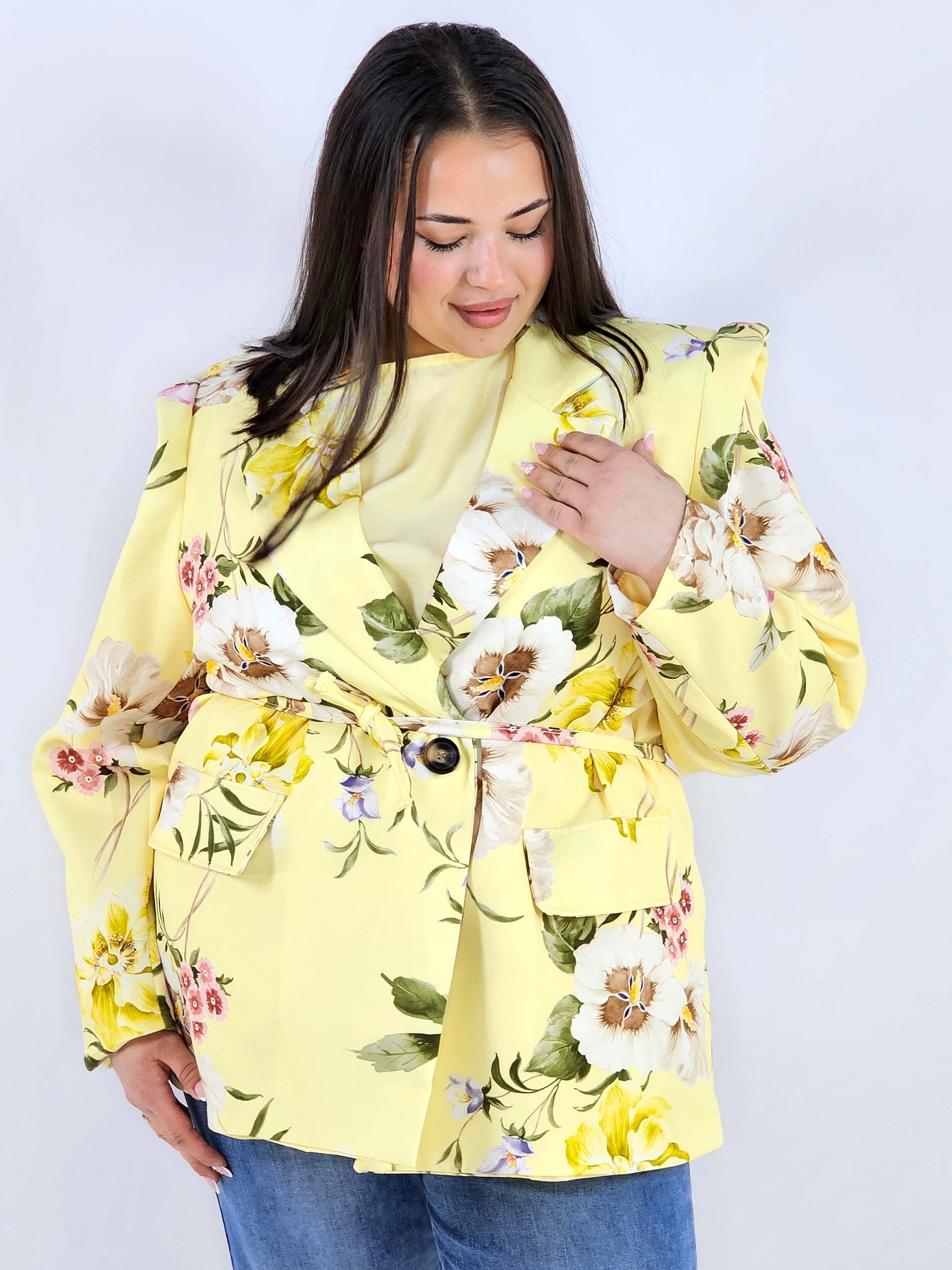 Marynarka plus size w kwiaty wiązana w talii elegancka XXL Stylowa XL