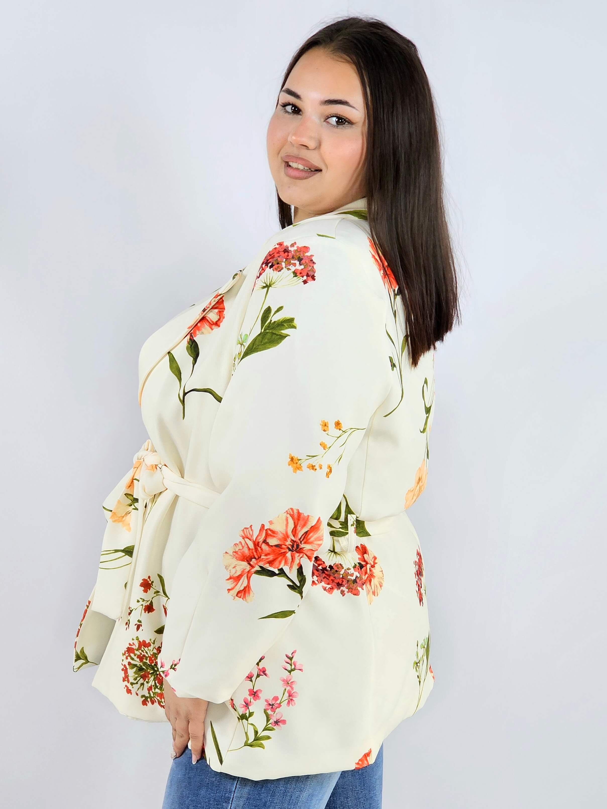 Marynarka plus size w kwiaty wiązana w talii elegancka XXL Stylowa XL