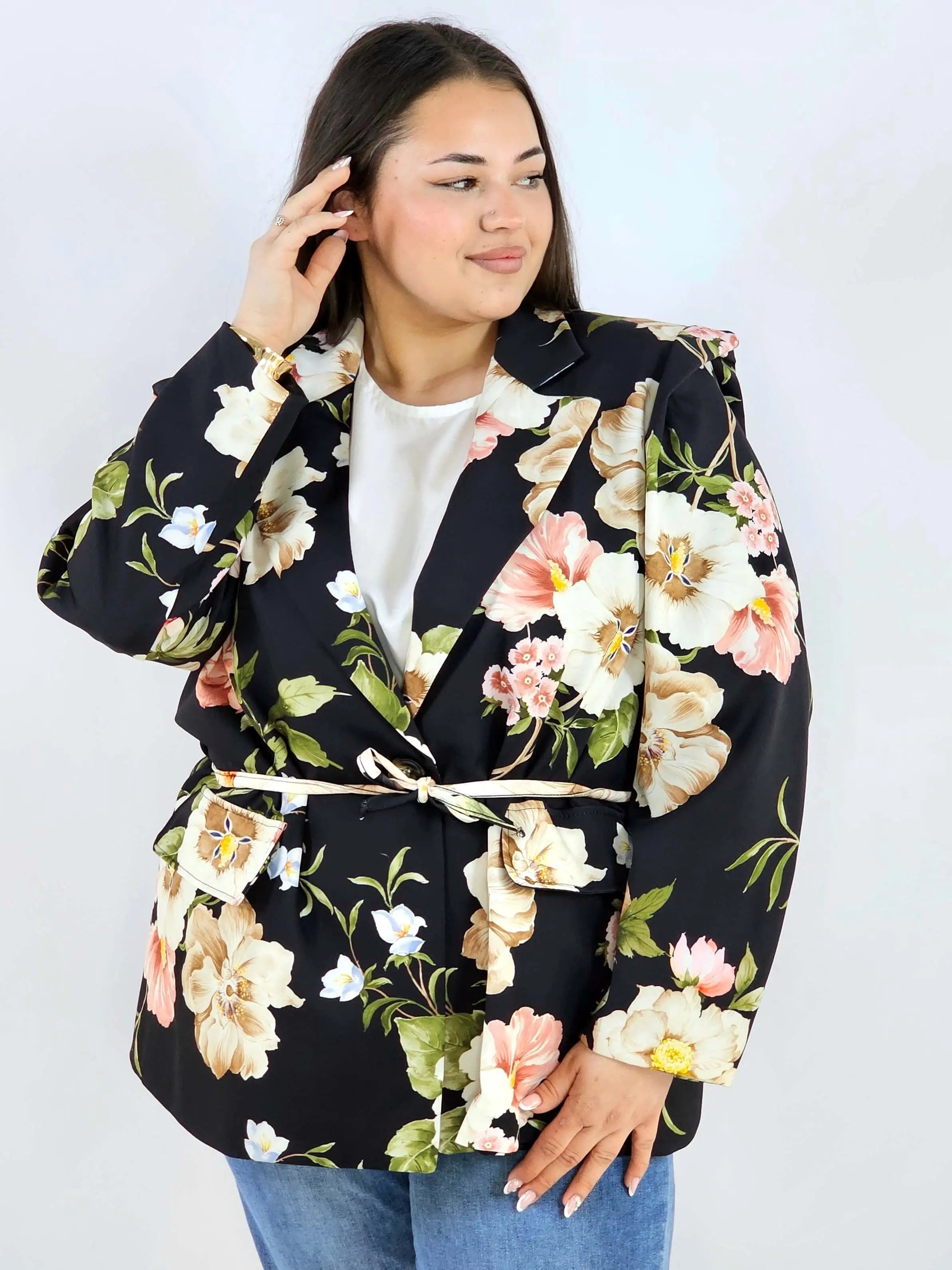 Marynarka plus size w kwiaty wiązana w talii elegancka XXL Stylowa XL