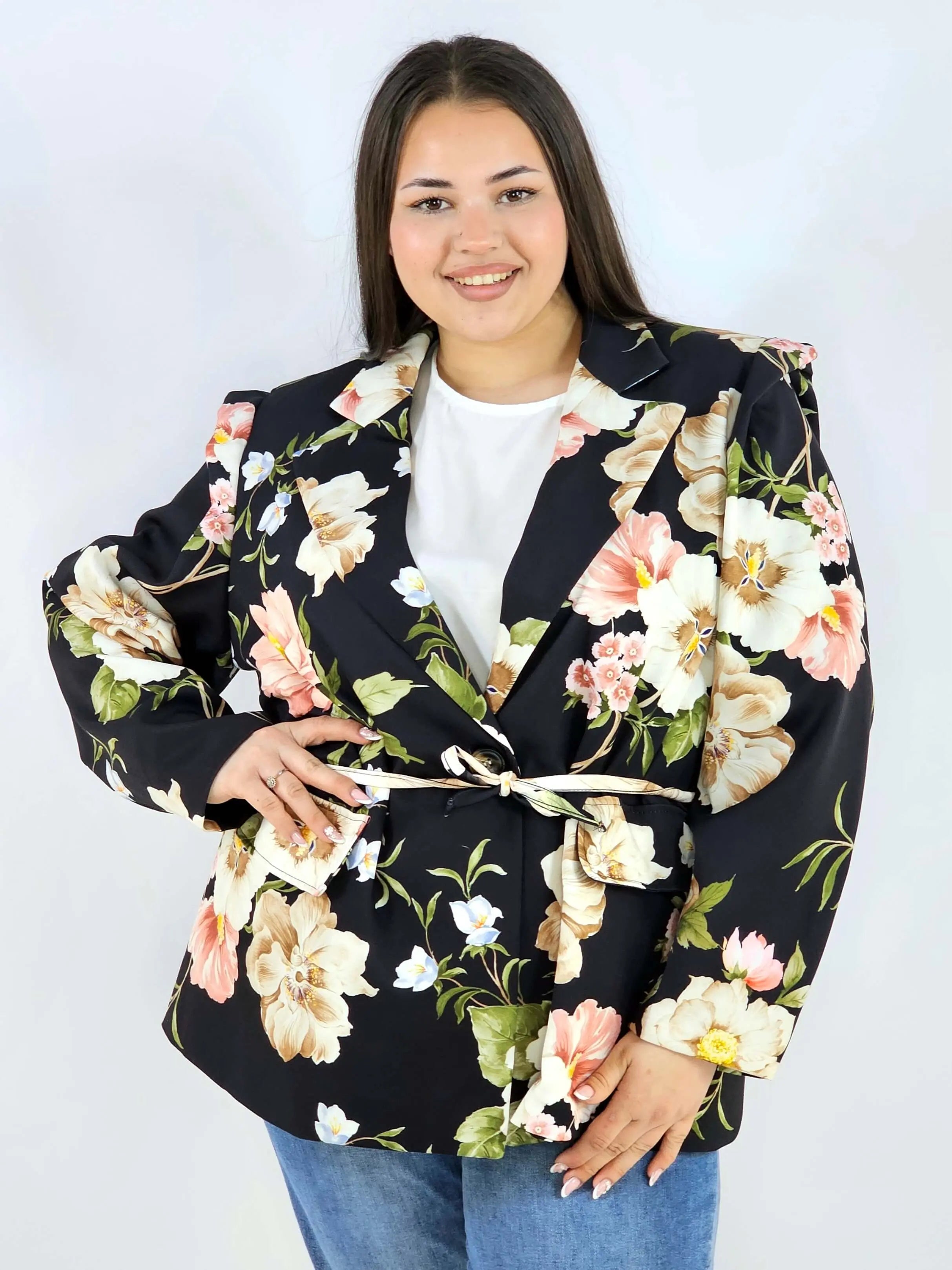 Marynarka plus size w kwiaty wiązana w talii elegancka XXL Stylowa XL