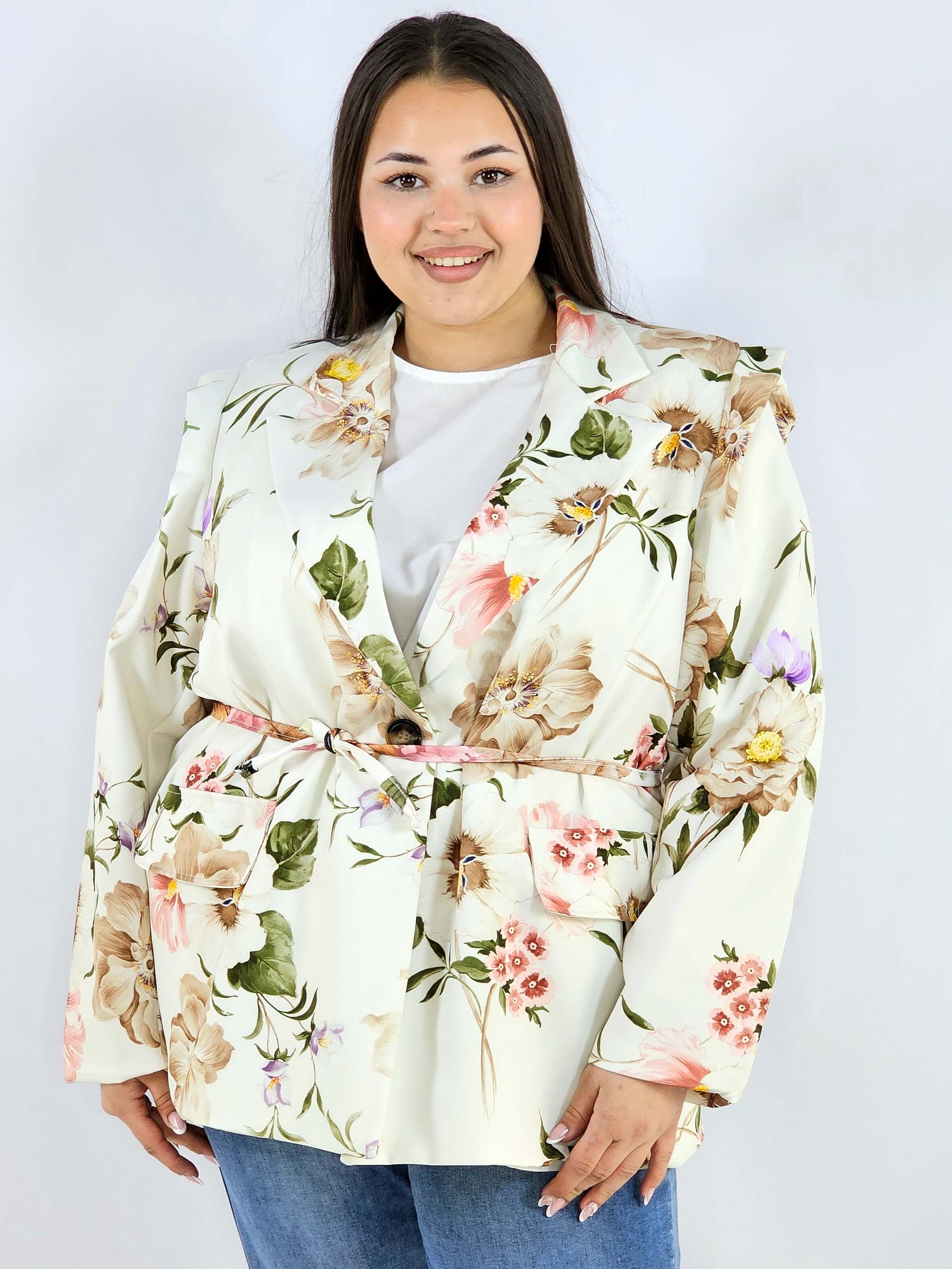 Marynarka plus size w kwiaty wiązana w talii elegancka XXL Stylowa XL