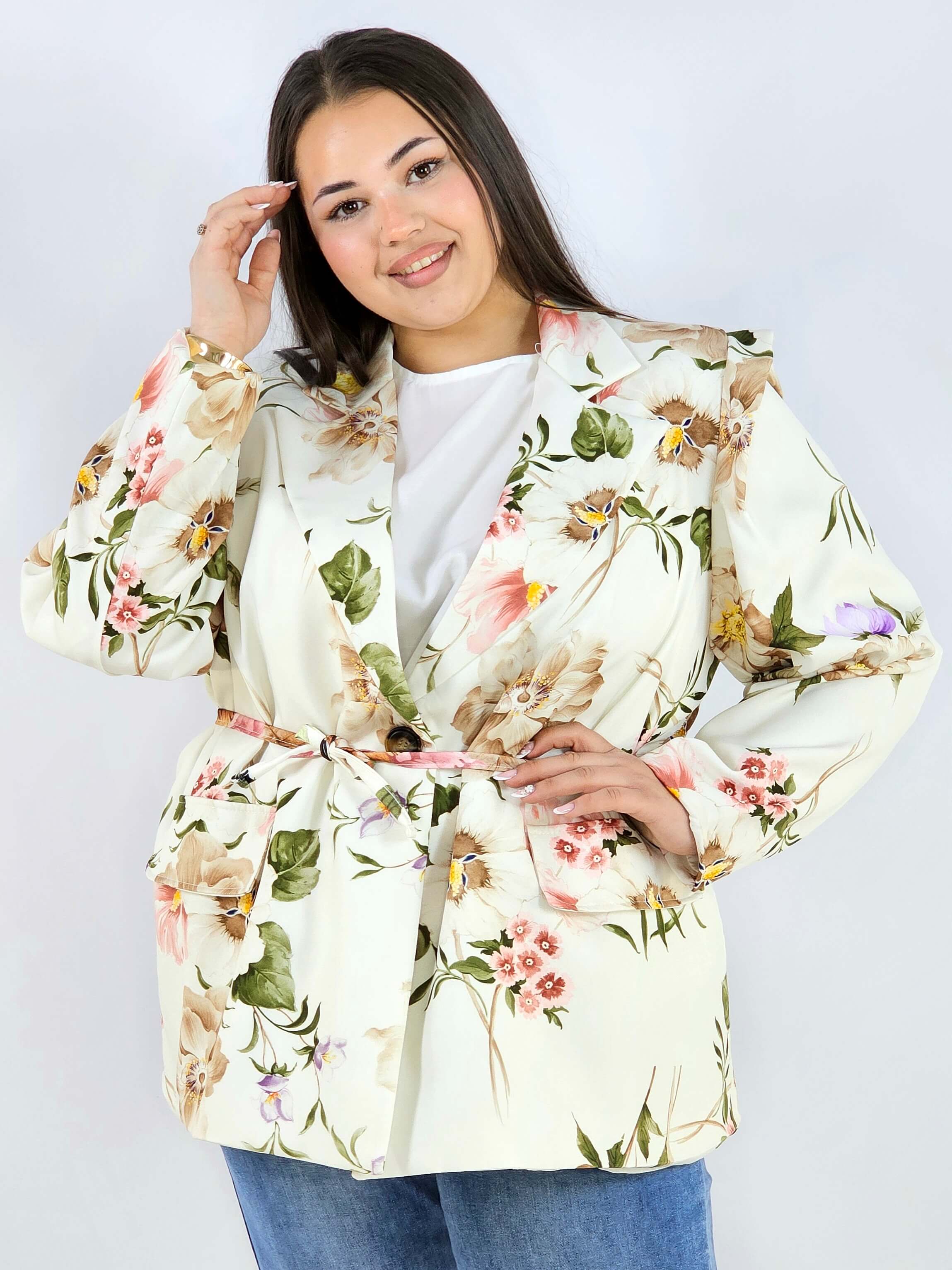 Marynarka plus size w kwiaty wiązana w talii elegancka XXL Stylowa XL