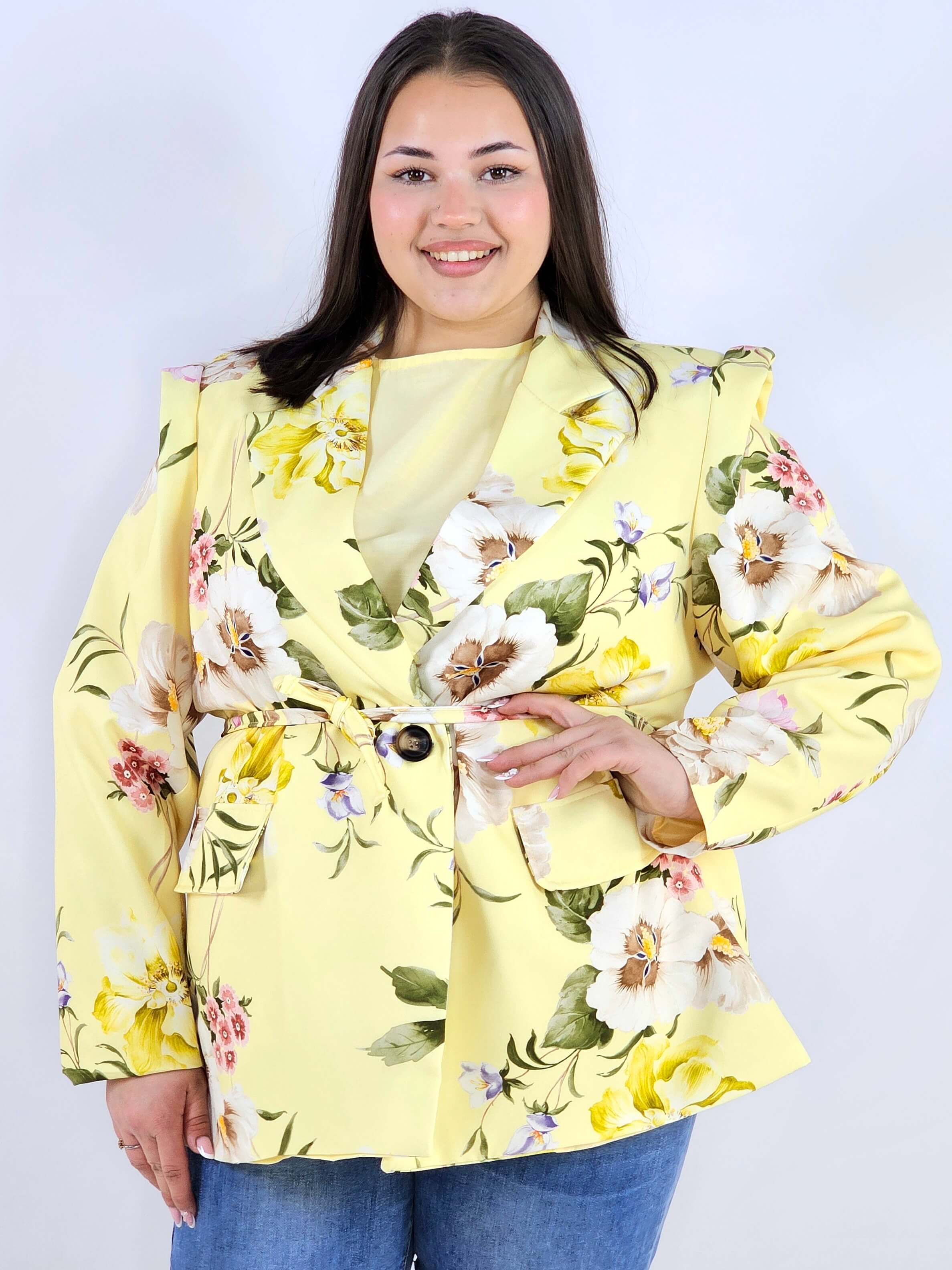 Marynarka plus size w kwiaty wiązana w talii elegancka XXL Stylowa XL