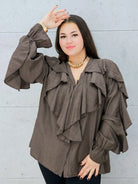 brązowa bluzka z falbanami plus size Stylowa XL – przód