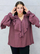 śliwkowa bluzka z falbanami plus size Stylowa XL – przód