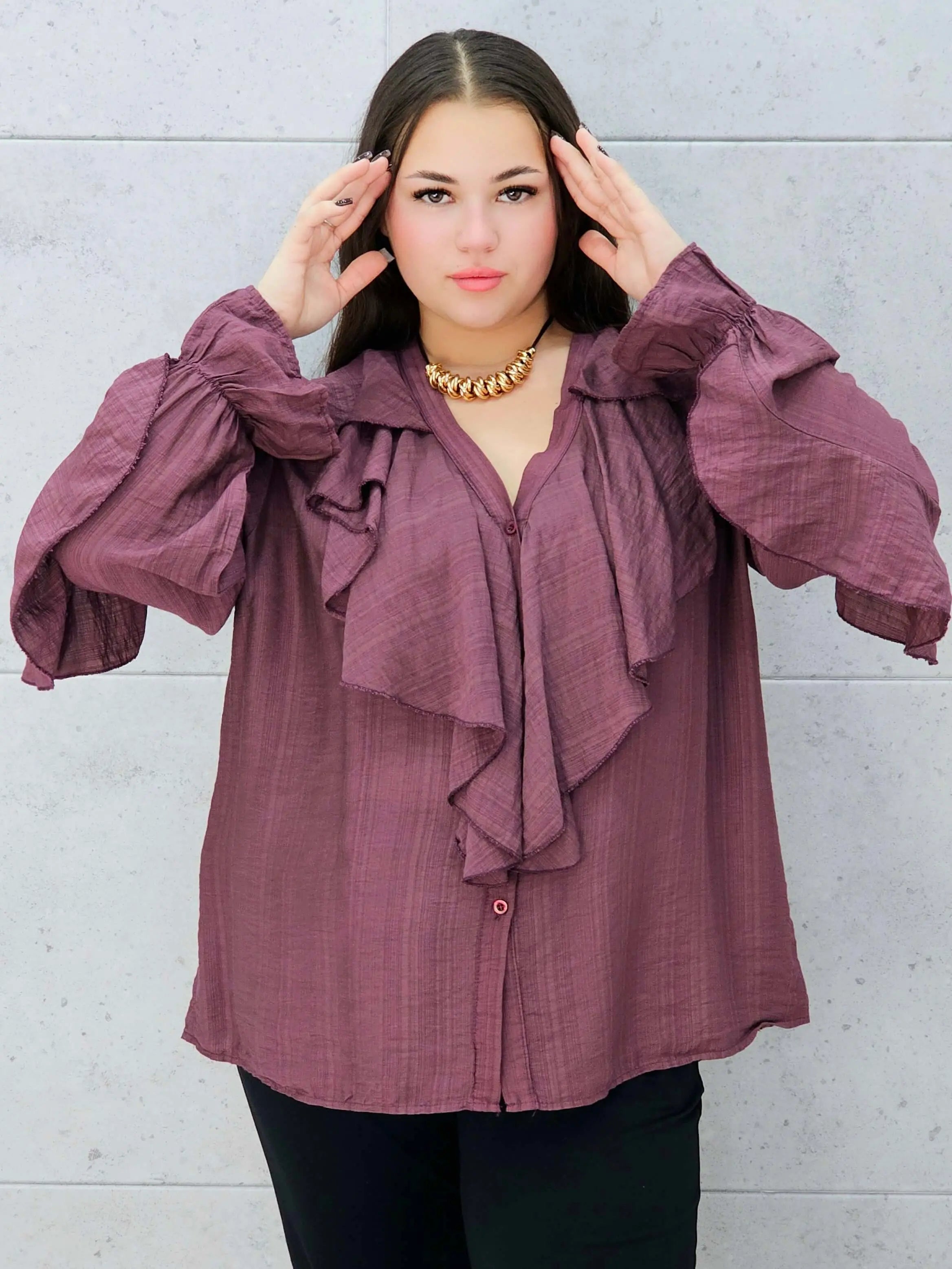 śliwkowa bluzka z falbanami plus size Stylowa XL – przód