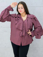 śliwkowa bluzka z falbanami plus size Stylowa XL –rękaw falbanka