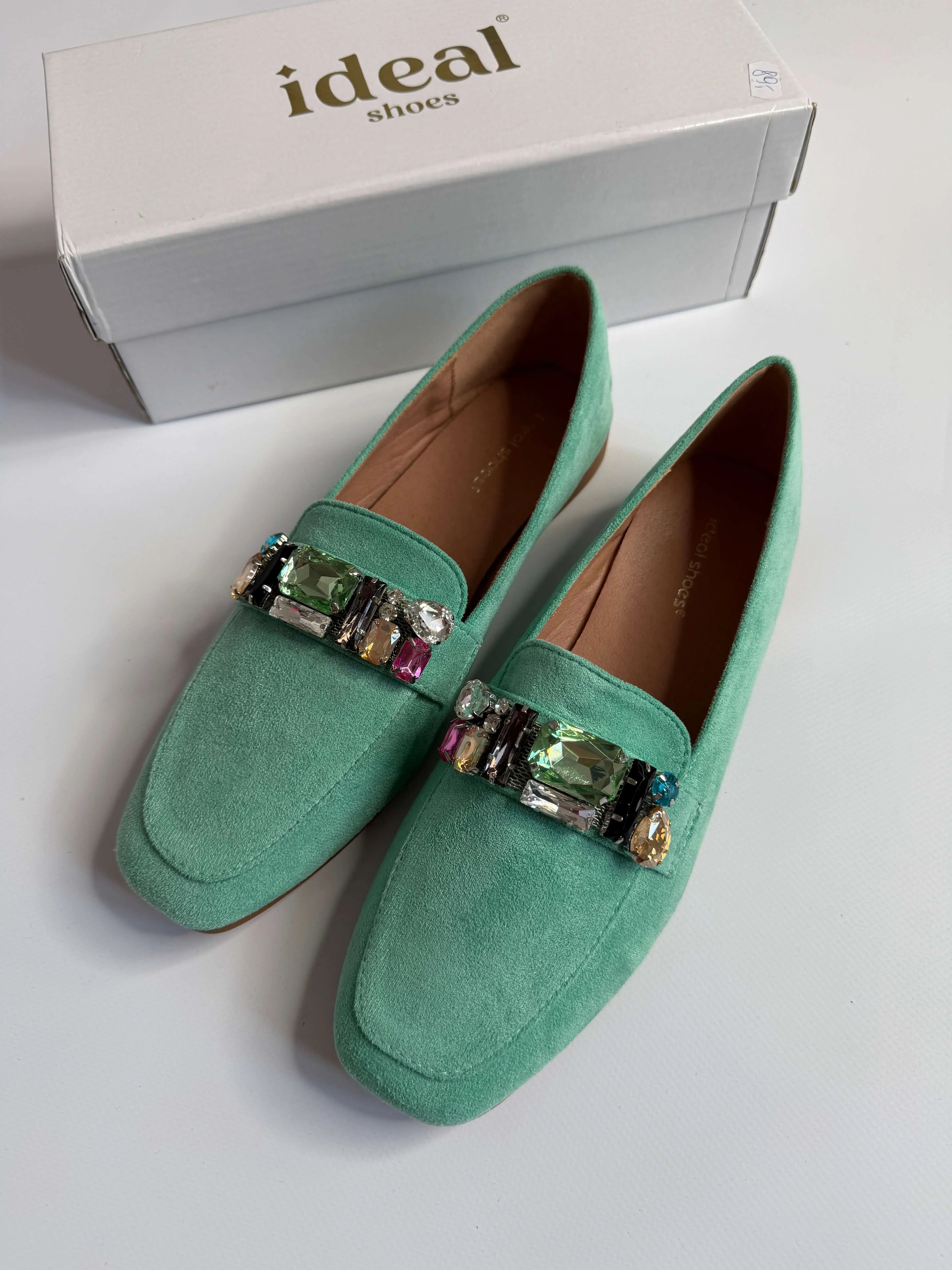 Mokasyny damskie zielone z ozdobnymi kamieniami Ideal Shoes Stylowa XL