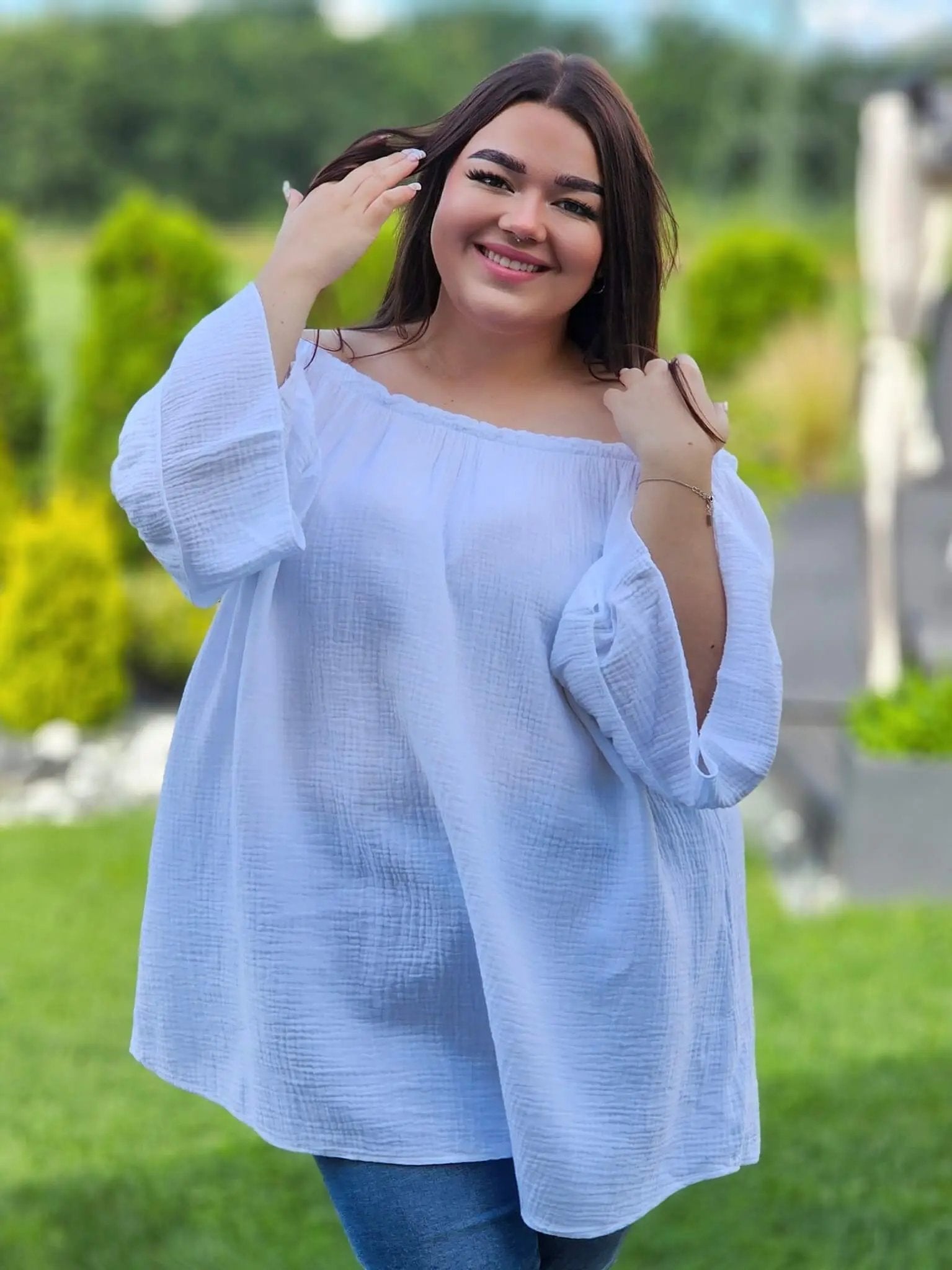 Muślinowa bluzka hiszpanka z falbanami Stylowa XL